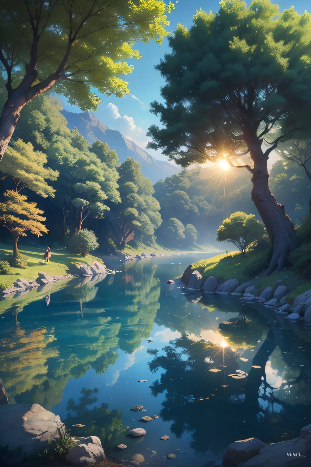 Realista (Paradise described in the Bible: 1.1), Scene of a breathtaking celestial landscape, com um jardim exuberante e colorido, majestic trees laden with juicy fruits and exotic foliage, Rivers of crystal clear waters snaking through the scenery, refletindo a luz do sol com brilho suave, peaceful animals living in harmony, Cloudless blue sky and a golden sun emanating a soft light and comforting warmth, serene and ethereal atmosphere, evoking the feeling of peace and perfection, alta resolução
