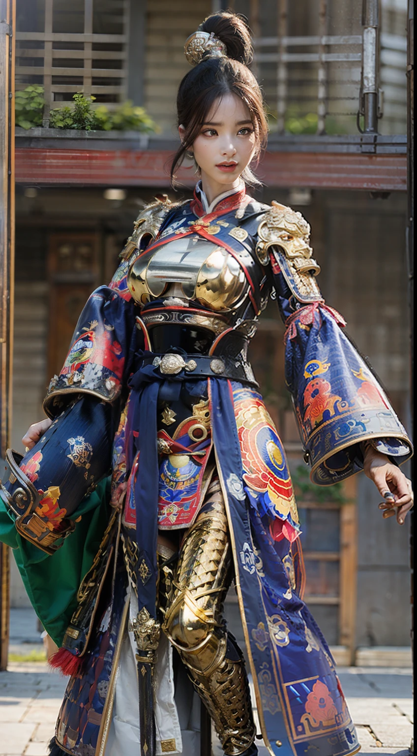Ancient Chinese architecture,Female warriors in national style,Wear revealing armor,Simple clothing, Minimalist style,Mixed Chinese and American races,The background is blurred out,focal,Cowboy shot,电影灯光,(((tmasterpiece))), ((best qualtiy)), ((Complex and detailed)), ((ultra-realistic realism)), Ridiculous resolution, A MILF, Mature woman, ssee-through, highly detailed, illustratio, 1girll, (mediuml breasts), Thin waist and thick hips,long leges,beatiful detailed eyes, short detailed hair, brunette color hair, a purple eye, blackstockings,lacy clothing,with faintly visible,Cool armor,The body proportions are perfect,(No underwear:1.2),detailed back ground, perfect eyes, Seductive eye, (nice hand),Detail hands,looking at viewert,From the front,Wear light,juicy legs,deep v big breasts,Tattooed with