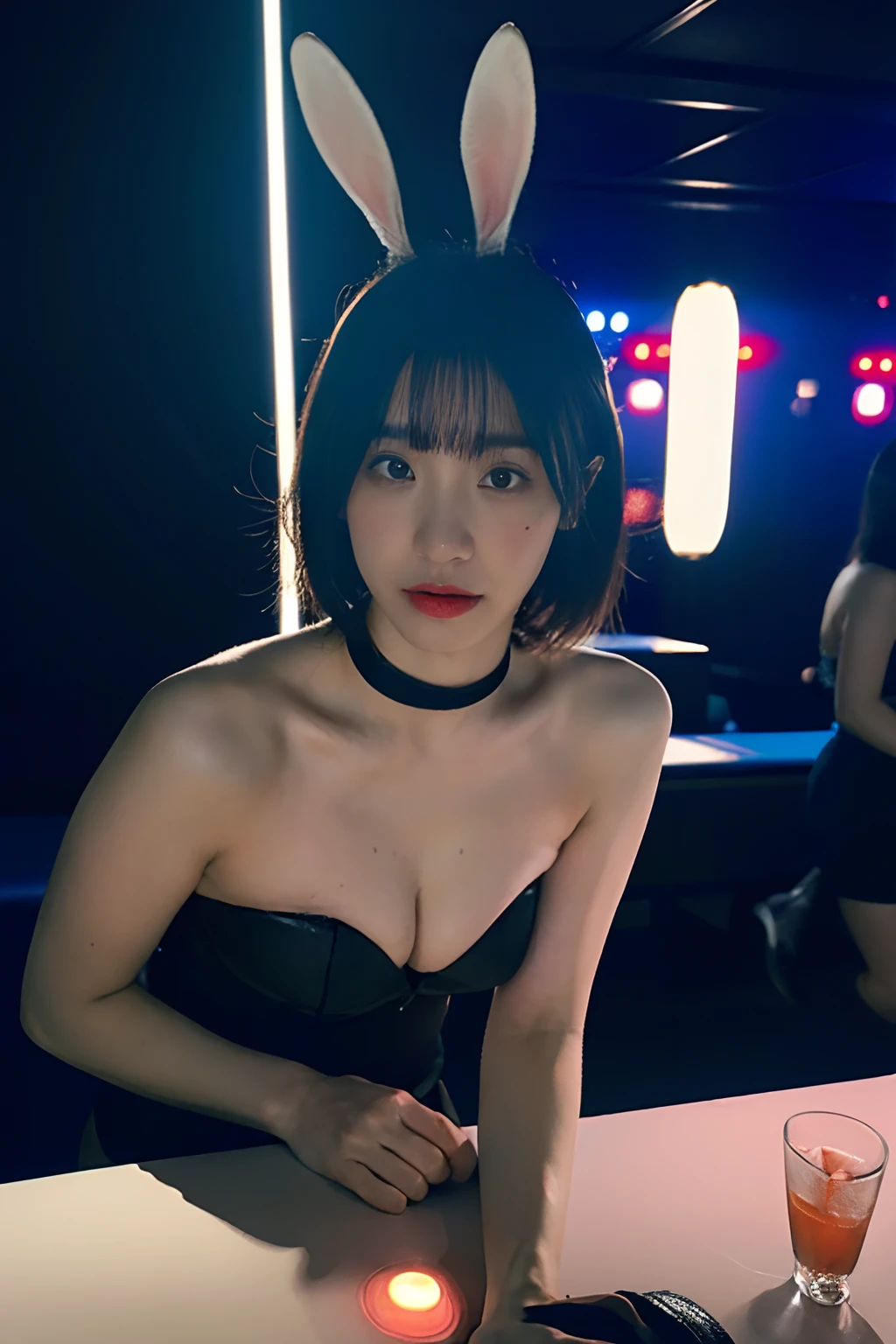 Best quality, masterpiece, ultra high res, (photorealistic:1.4), raw photo, (Authentic skin texture:1.3), (film grain:1.3), panorama, very wide shot, narrow waist, (in the dark, deep shadow, low key, cold light,) night, close-up, indoor, dust, Tyndall effect, gloom (expression), 1girl, beautiful detailed eyes and face, chocker, undress,((Nightclub Erotic Bar -Bida table- BunnyPlayboy:1.4)), (flat breasts:1.2), seductive pose, brown eyes, 18 year old vietnamese girl, short hair, looking at the view, good girl, waiting for master, seductive pose, full body, ((vietnamese girl)), ((moefive)), (nsfw:1.3)