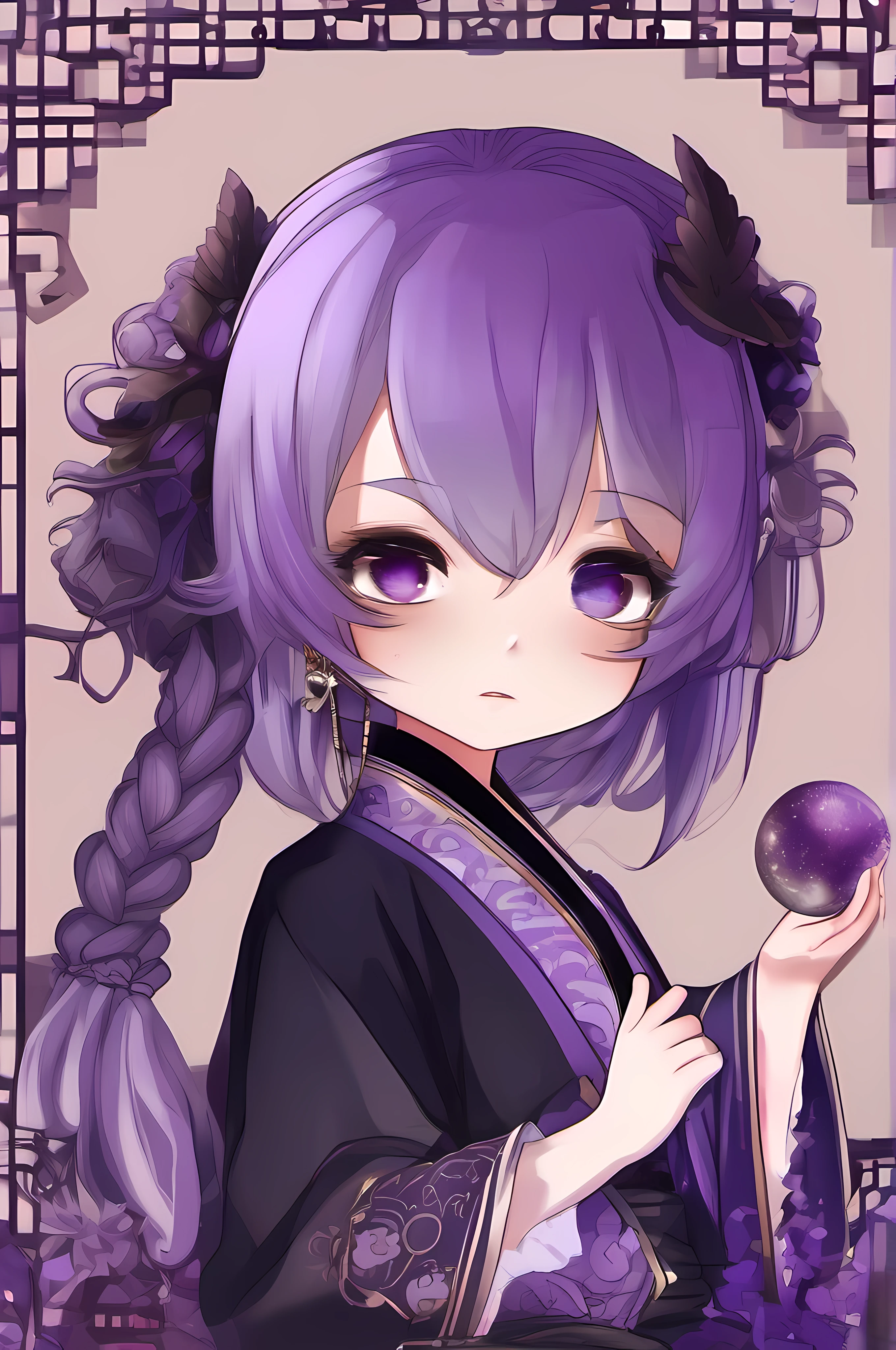 Personagem de anime com cabelo grande branco usando um moleton preto e roxo, Your eyes are a mixture of purple and lilac, estilo chibi, ele esta na frente de um templo japones