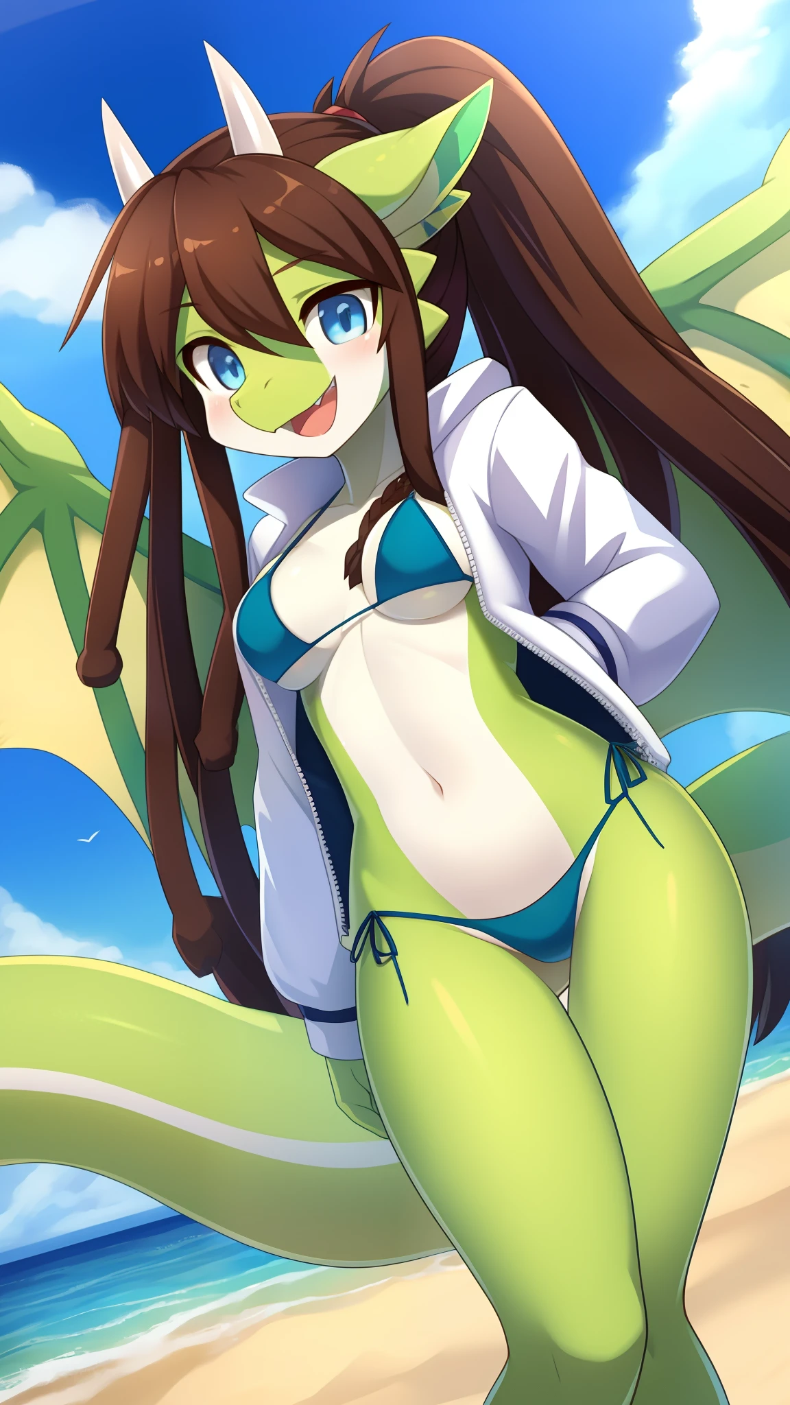 Draconic girl, brown hair, spiky hair, long dreadlocks ponytail, anime style, medium breasts, blue eyes, white jacket, open clothes, green draconic wings, high quality, detailed body, detailed eyes, detailed face, masterpiece, glistening body, best quality, skinny, :D, beach, clear Sky, anthro, dragon, lime body, lime scales, triangle bikini, tail, white horns,