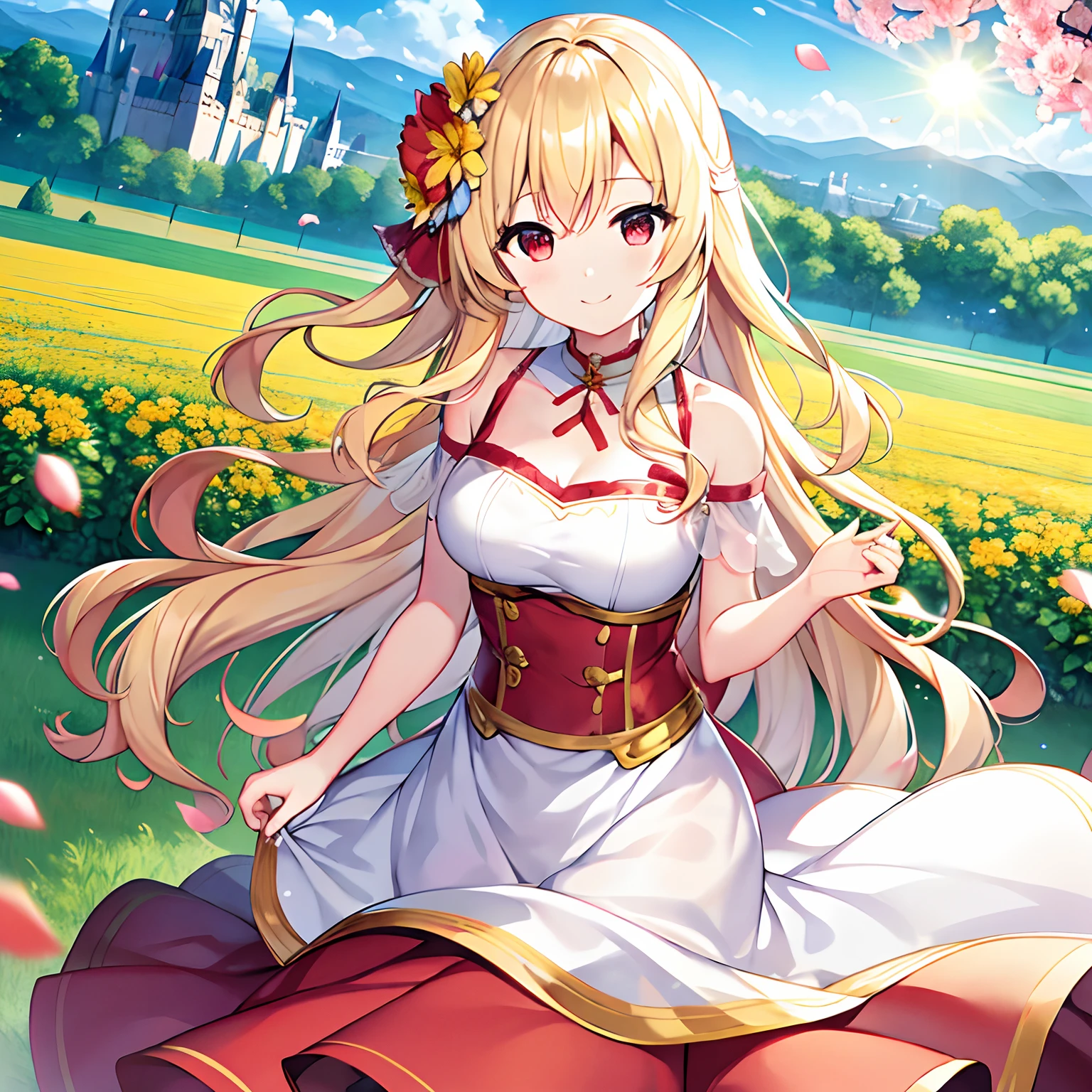 A woman, large breasts, cleavage, slightly brown skin, beautiful strapless red dress, red flower pin, sunset, shoulders, outside, flower field, smile, blond hair, blue eyes.