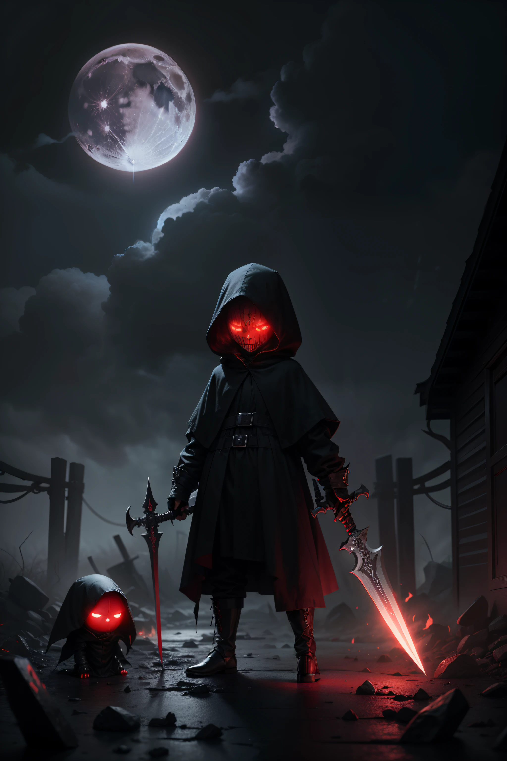 a demonic faceless small_humanoid, with two bladed weapons, scary, horror, night, dark, fall weather, full moon, glowing red eyes, evil, 1600s