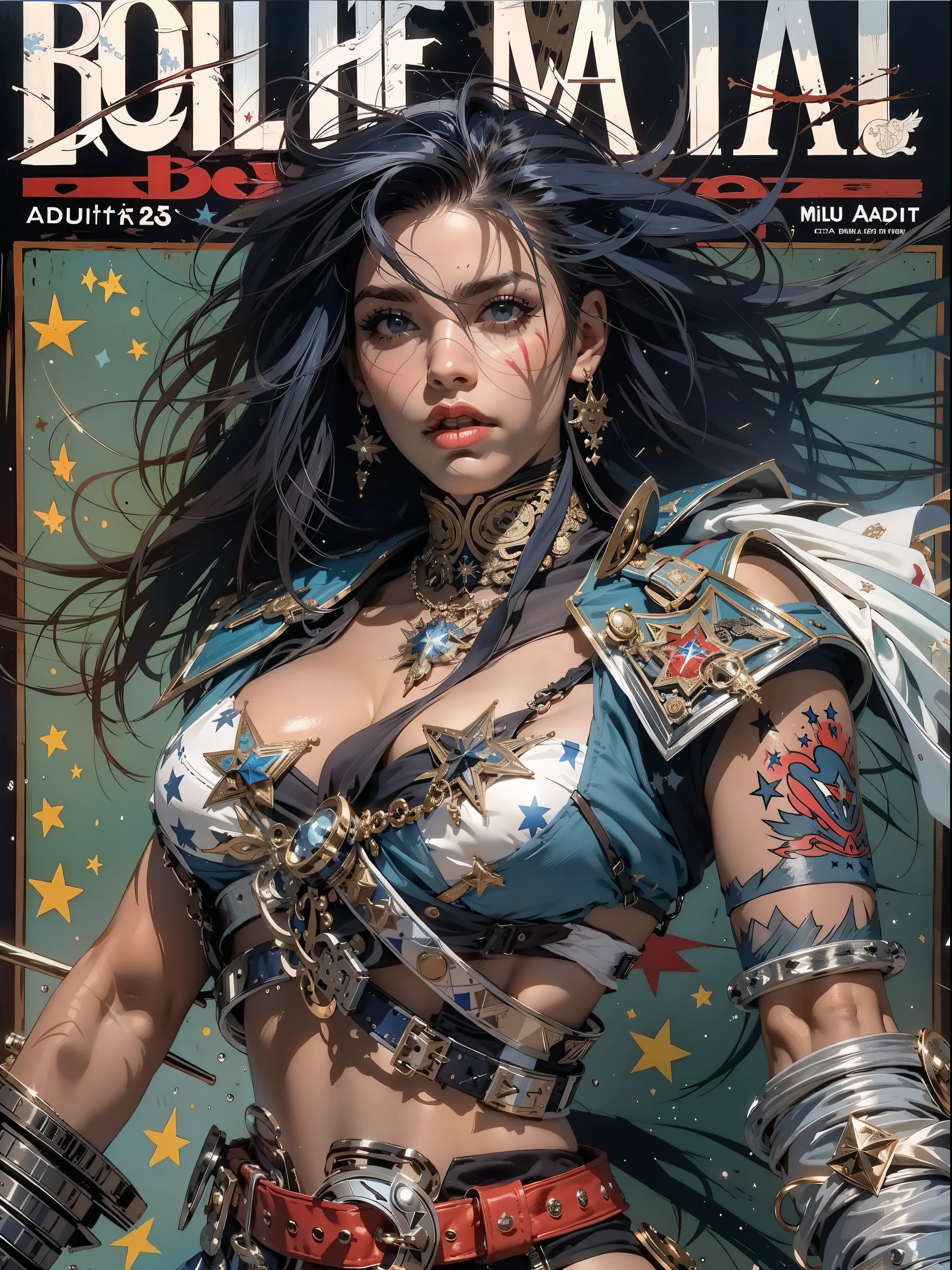 (((mulher))), (((melhor qualidade))), (((obra prima))), (((adulto))), Uma pirata mulher de 35 anos com corpo perfeito, Gladiadores do Brooklyn, (( sob os peitos )), quase nua no estilo selvagem urbano de Simon Bisley para a capa da revista Heavy Metal, cabelo loiro, Minimum clothing, Dark blue with white stars and red and white checkerboard pattern, armadura, cheio de pontas e rebites, tatuagem tribal, (((do joelho pra cima))), cabelo desalinhado