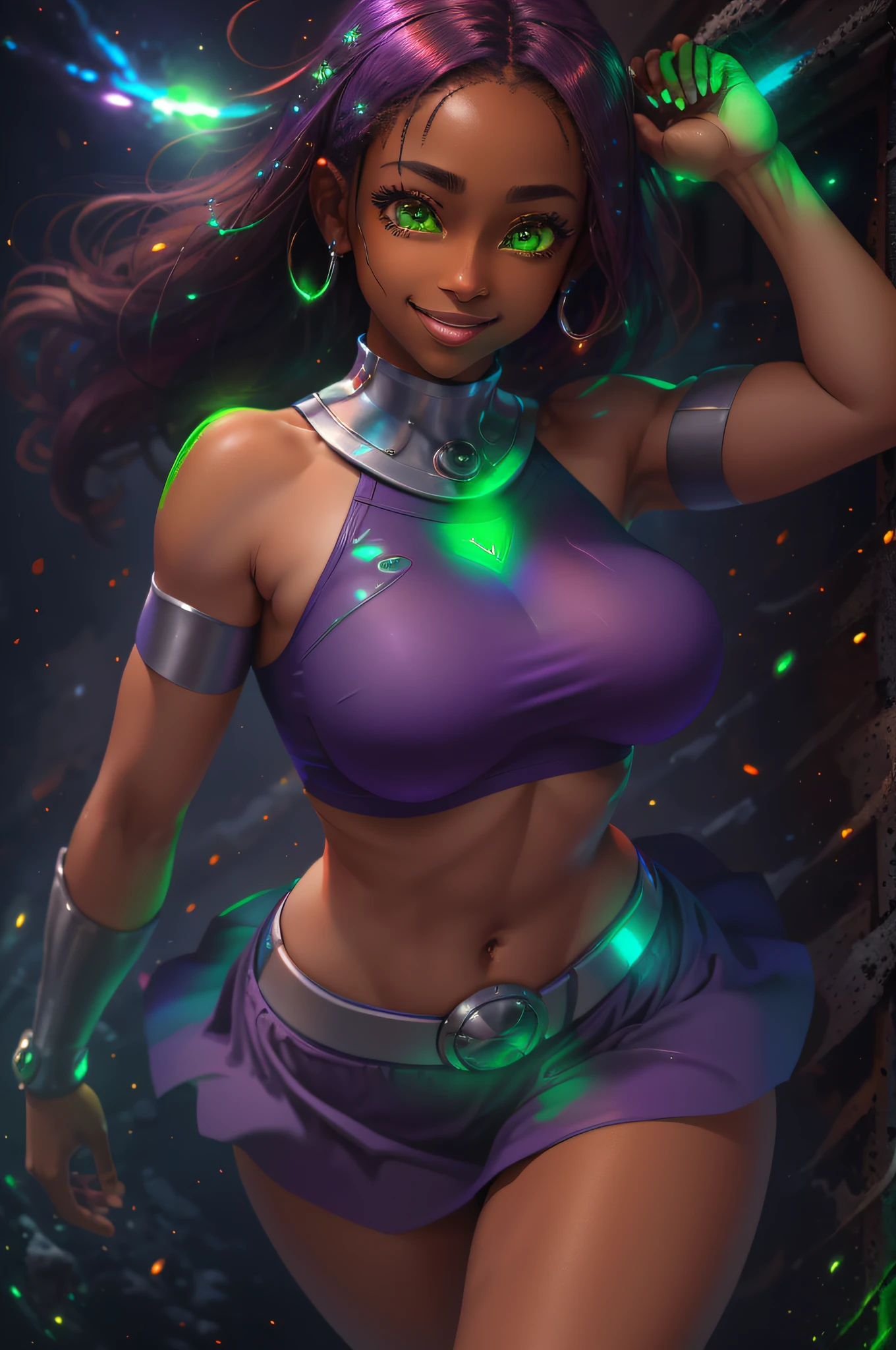 masterpiece, best quality, highres, sf1, diaphragm, purple skirt, cropped top, purple thighs, bare shoulders, medium breasts, belt, luins, running, smile, (dark skin tone), (eyes emitting green glow)