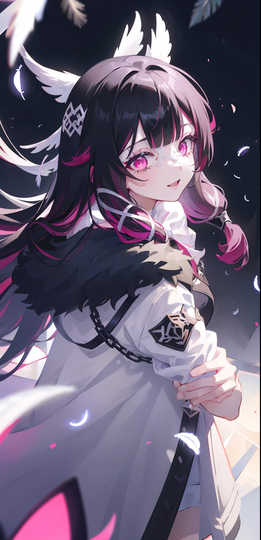 1girl, long hair, black hair, red hair, solo, open eyes, eye_mask, head wings, hair ornament, blunt bangs, light blue spotlight shining down, feathers, dark, angel wings, falling feathers, evil, mysterious, over the shoulder pose, black background, wind, smiling, jacket, top down view, view from above, bright neon pink eyes, looking at viewer