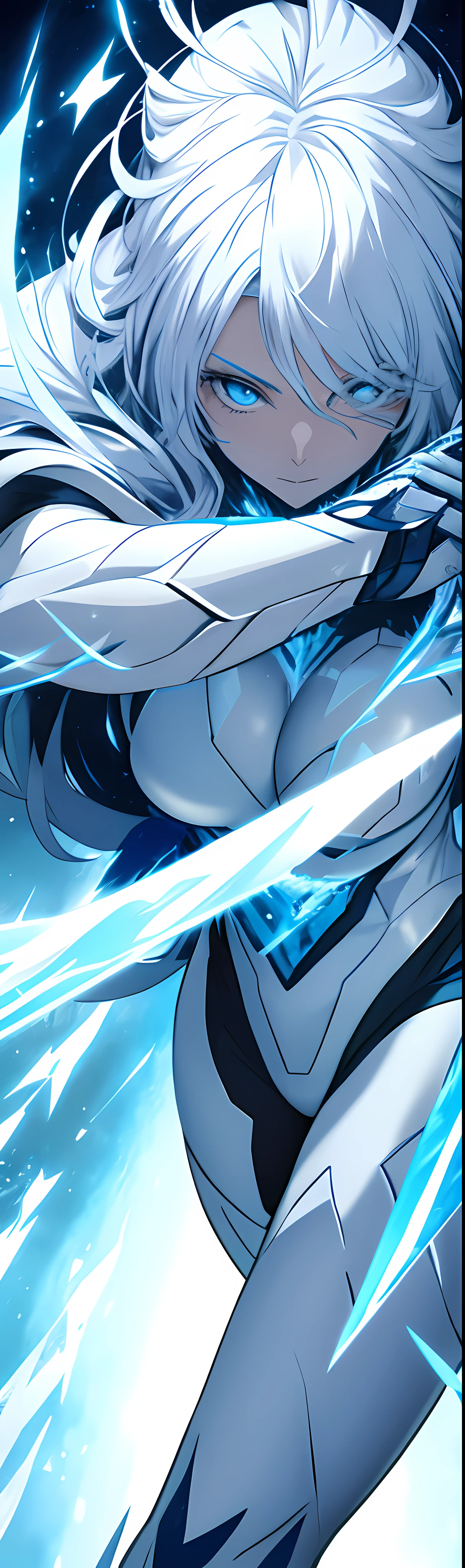 a close up of a person holding a knife in a comic, this character has cryokinesis, with ice powers, ultra instinct, an epic anime of a energy man, sliver ice color reflected armor, frost clings to her skin, transforming into his final form, scary sharp icy, if he had ice powers, tower of god, extended art