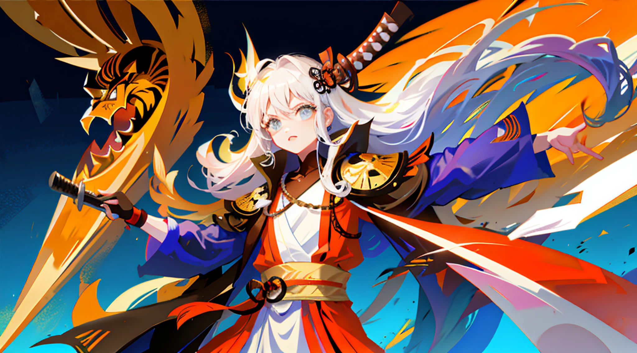 A woman in a red dress holding a sword and a dragon - SeaArt AI