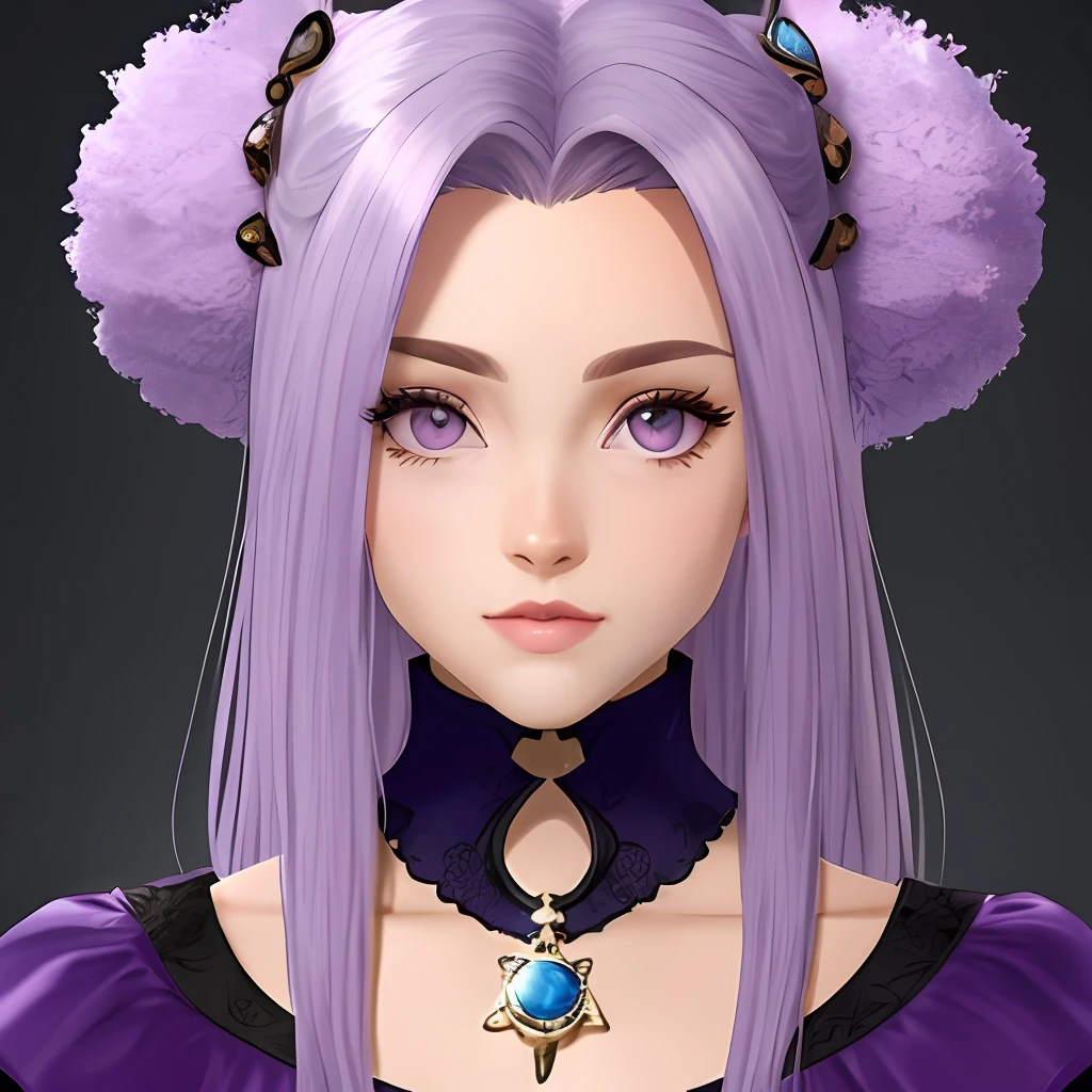 Create only 1 female character with the following characteristics:::: Cor do Cabelo: Pink Accessories with Lilac Locks: Um colar com um pingente de estrela. Cor dos olhos: um azul com roxo, and the other just Lilac Clothes; Vestido lilas e azul com detalhes em prata. E uma coroa de princesa