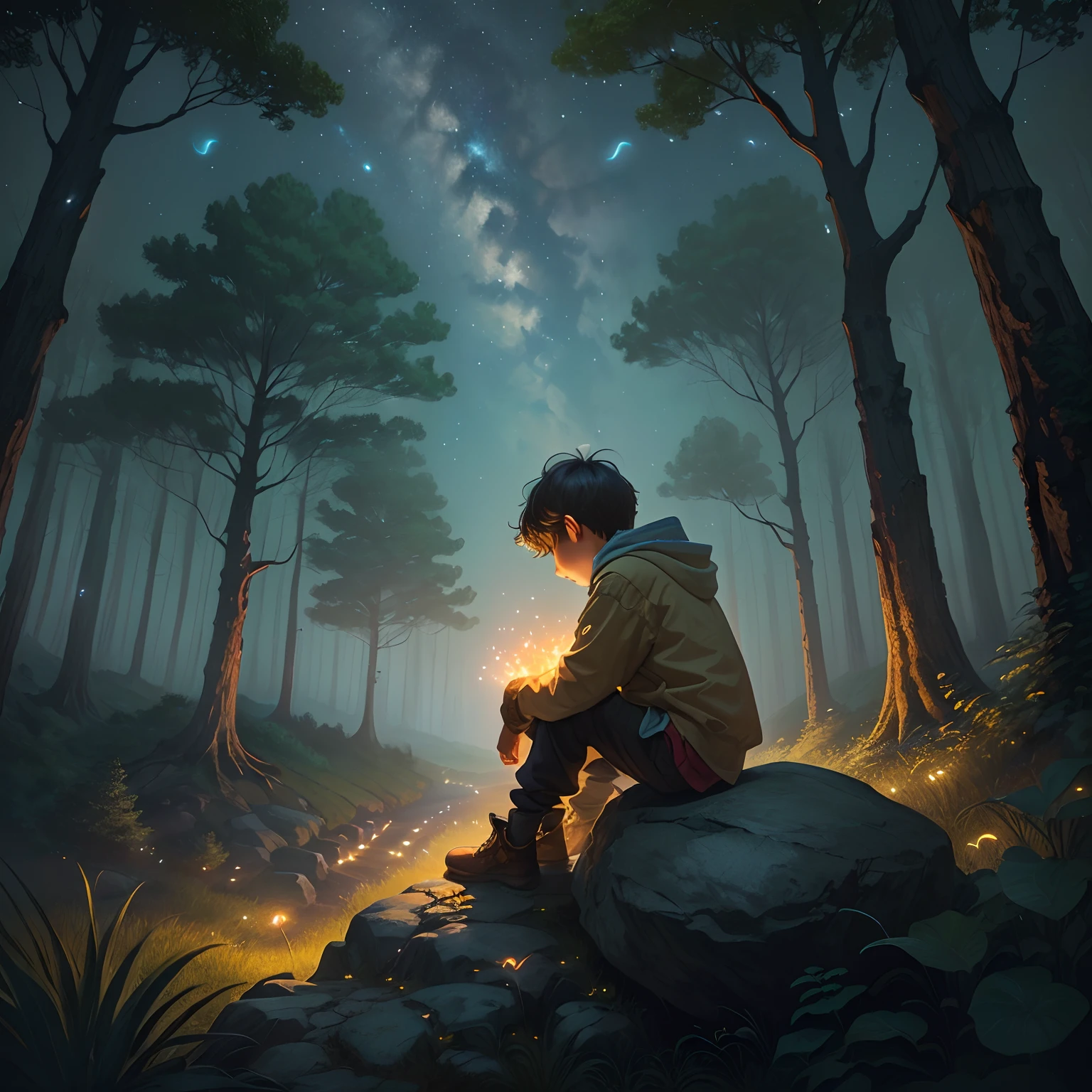 a child sitting on a rock on a hill, with fireflies and trees in the background of the image, with a pamparina at his side.