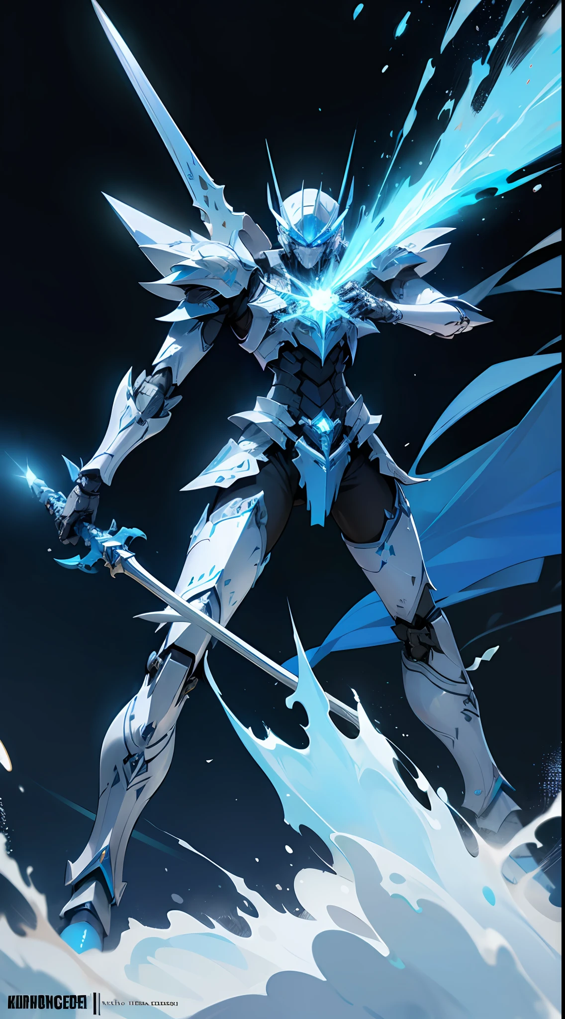 a robot death knight holding the frostmourne in the style of mecha anime, dynamic pose, intricate details, cinematic lighting --niji 5, frost particles, armour, magic glowing blue, blue thunder