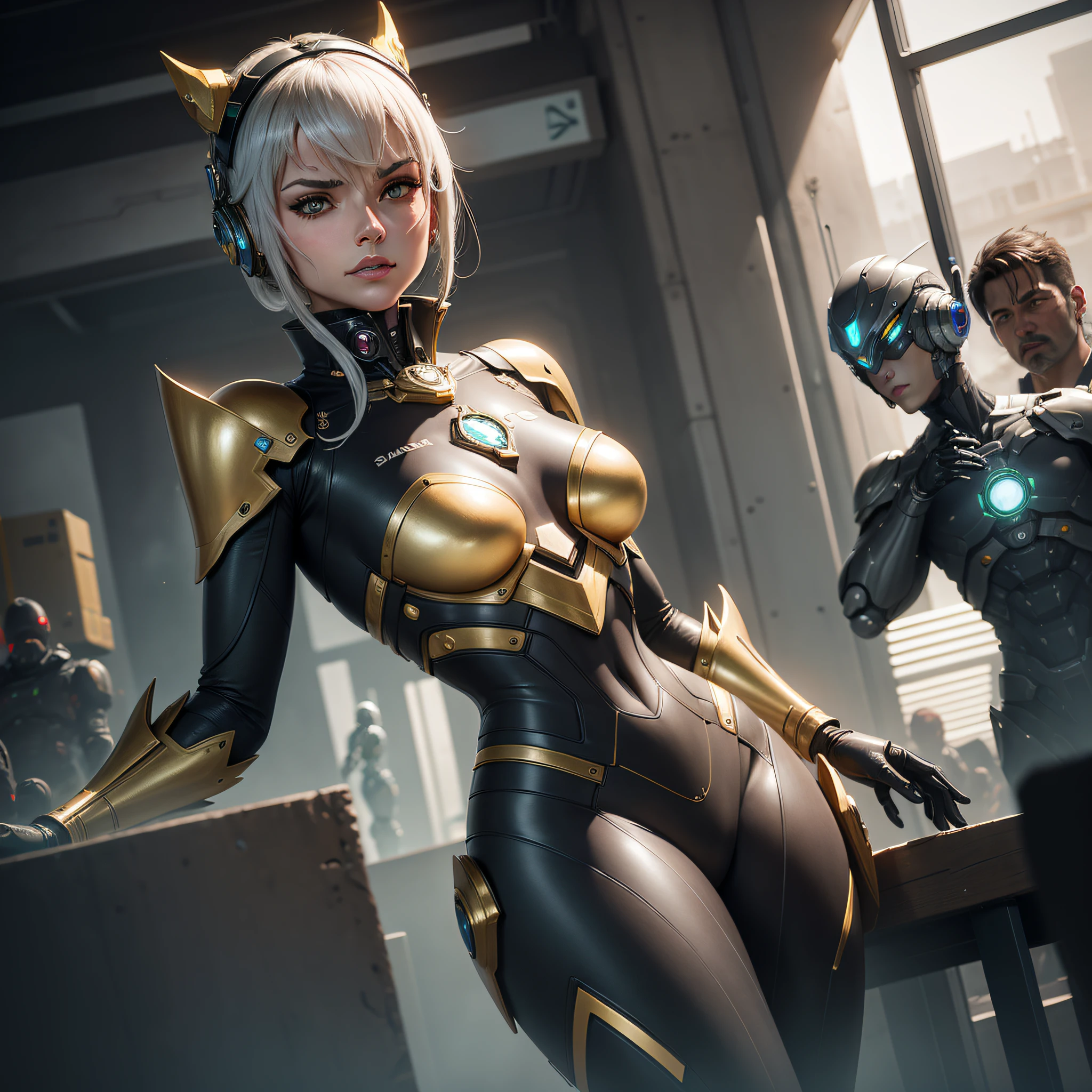 mujer robot cyborg, de fantasia, su chasis esta formado por lascas irregulares de plata, oro y bronce. se encuentra en cabina de control de estacion espacial.