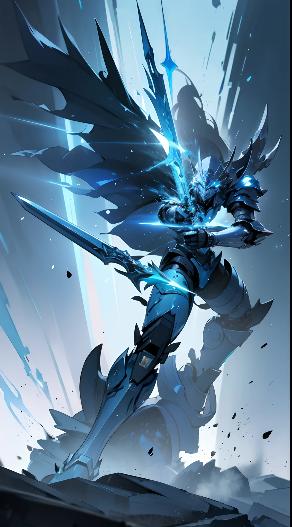 a robot death knight holding the frostmourne in the style of mecha anime, dynamic pose, intricate details, cinematic lighting --niji 5, frost particles, armour, magic glowing blue, blue thunder