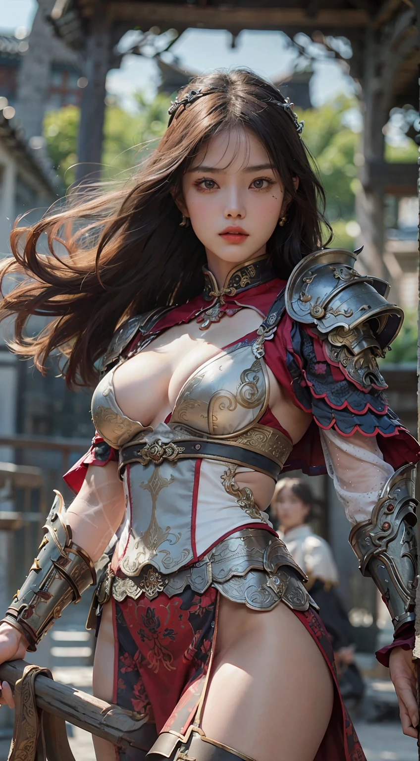 Ancient Chinese architecture,Female warriors in national style,Wear revealing armor,Simple clothing, Minimalist style,Mixed Chinese and American races,The background is blurred out,focal,Cowboy shot,电影灯光,(((tmasterpiece))), ((best qualtiy)), ((Complex and detailed)), ((ultra-realistic realism)), Ridiculous resolution, A MILF, Mature woman, ssee-through, highly detailed, illustratio, 1girll, (mediuml breasts), Thin waist and thick hips,long leges,beatiful detailed eyes, short detailed hair, brunette color hair, a purple eye, blackstockings,lacy clothing,with faintly visible,Cool armor,The body proportions are perfect,(No underwear:1.2),detailed back ground, perfect eyes, Seductive eye, (nice hand),Detail hands,looking at viewert,From the front,Wear light,juicy legs,deep v big breasts,Tattooed with