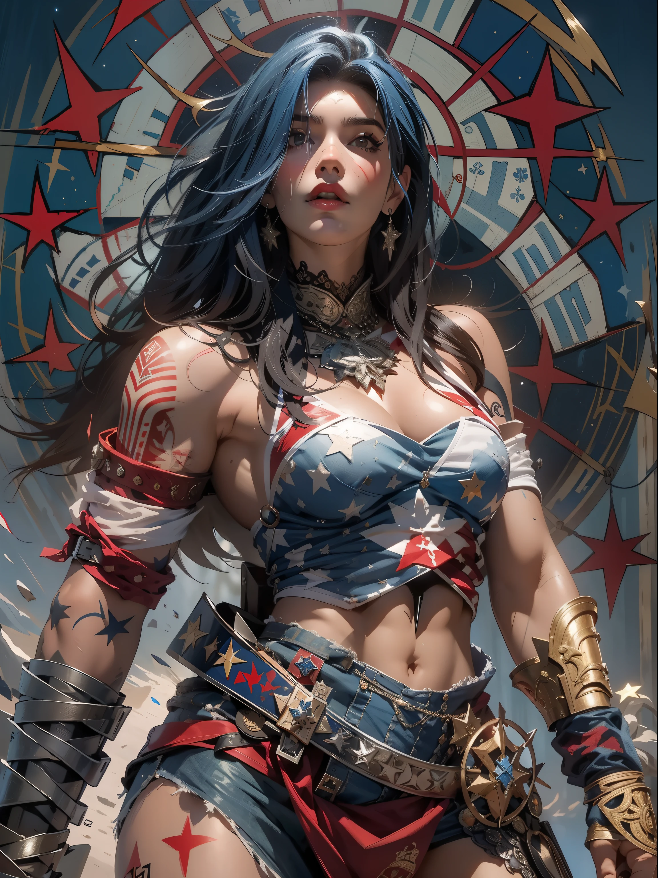 (((mulher))), (((melhor qualidade))), (((obra prima))), (((adulto))), Uma guerreira mulher de 35 anos com corpo perfeito, Gladiadores do Brooklyn, (( sob os peitos )), quase nua no estilo selvagem urbano de Simon Bisley para a capa da revista Heavy Metal, cabelo loiro, Minimum clothing, Dark blue with white stars and red and white checkerboard pattern, armadura, cheio de pontas e rebites, tatuagem tribal, (((do joelho pra cima))), cabelo desalinhado
