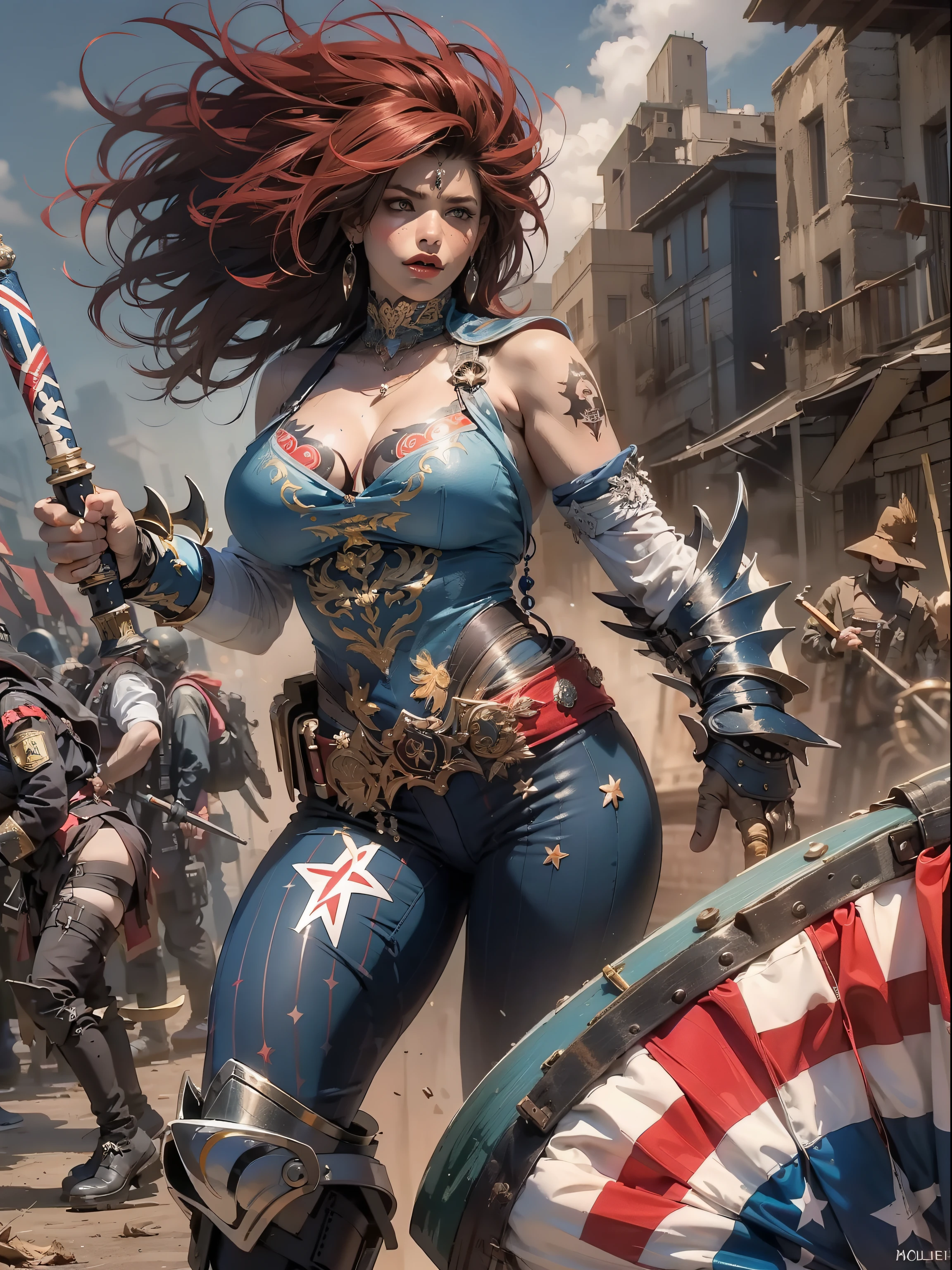 (((mulher))), (((melhor qualidade))), (((obra prima))), (((adulto))), Uma guerreira mulher de 35 anos com corpo perfeito, Gladiadores do Brooklyn, (( sob os peitos )), quase nua no estilo selvagem urbano de Simon Bisley para a capa da revista Heavy Metal, cabelo loiro, Minimum clothing, Dark blue with white stars and red and white checkerboard pattern, armadura, cheio de pontas e rebites, tatuagem tribal, (((do joelho pra cima))), cabelo desalinhado