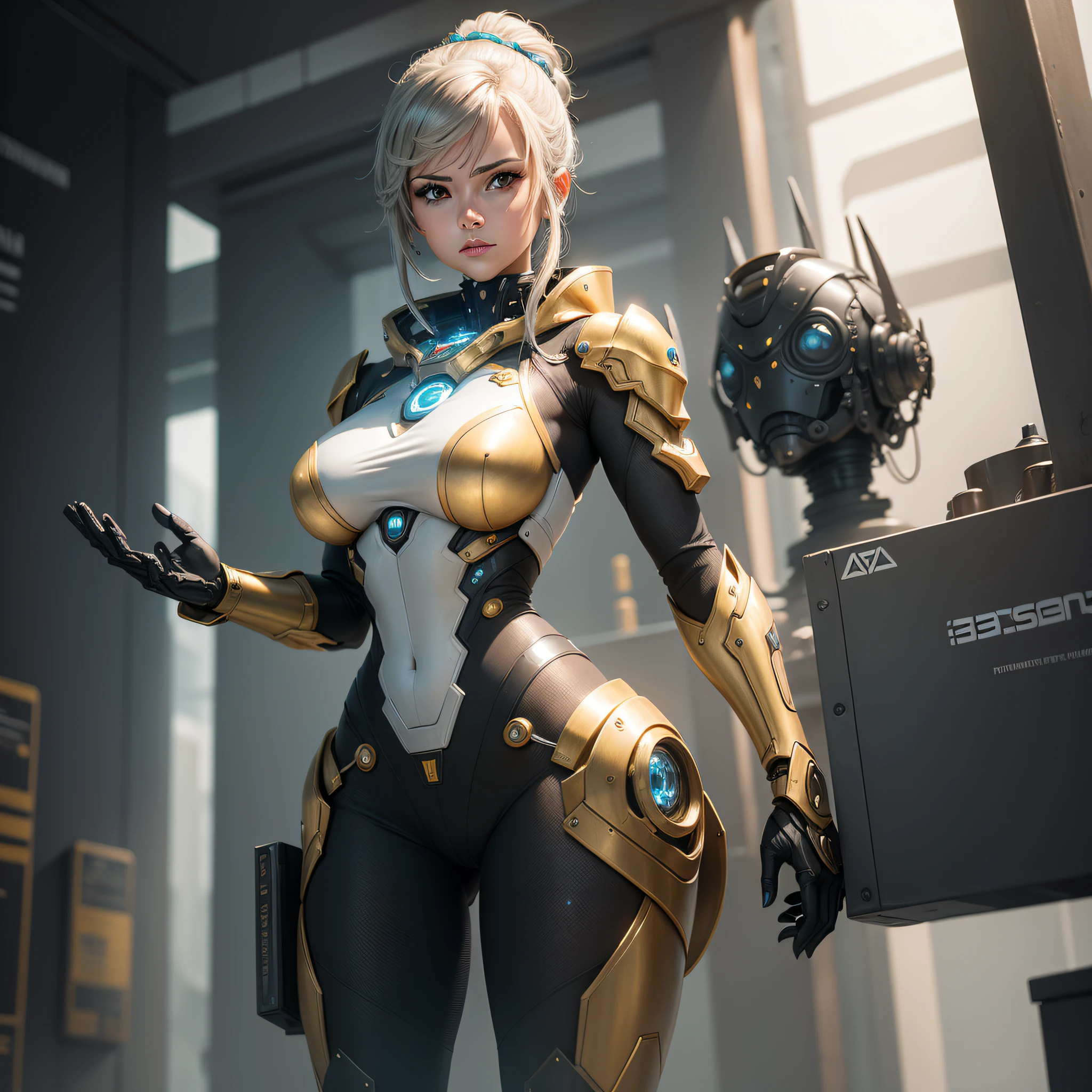 mujer robot cyborg, de fantasia, su chasis esta formado por lascas irregulares de plata, oro y bronce. se encuentra en cabina de control de estacion espacial.