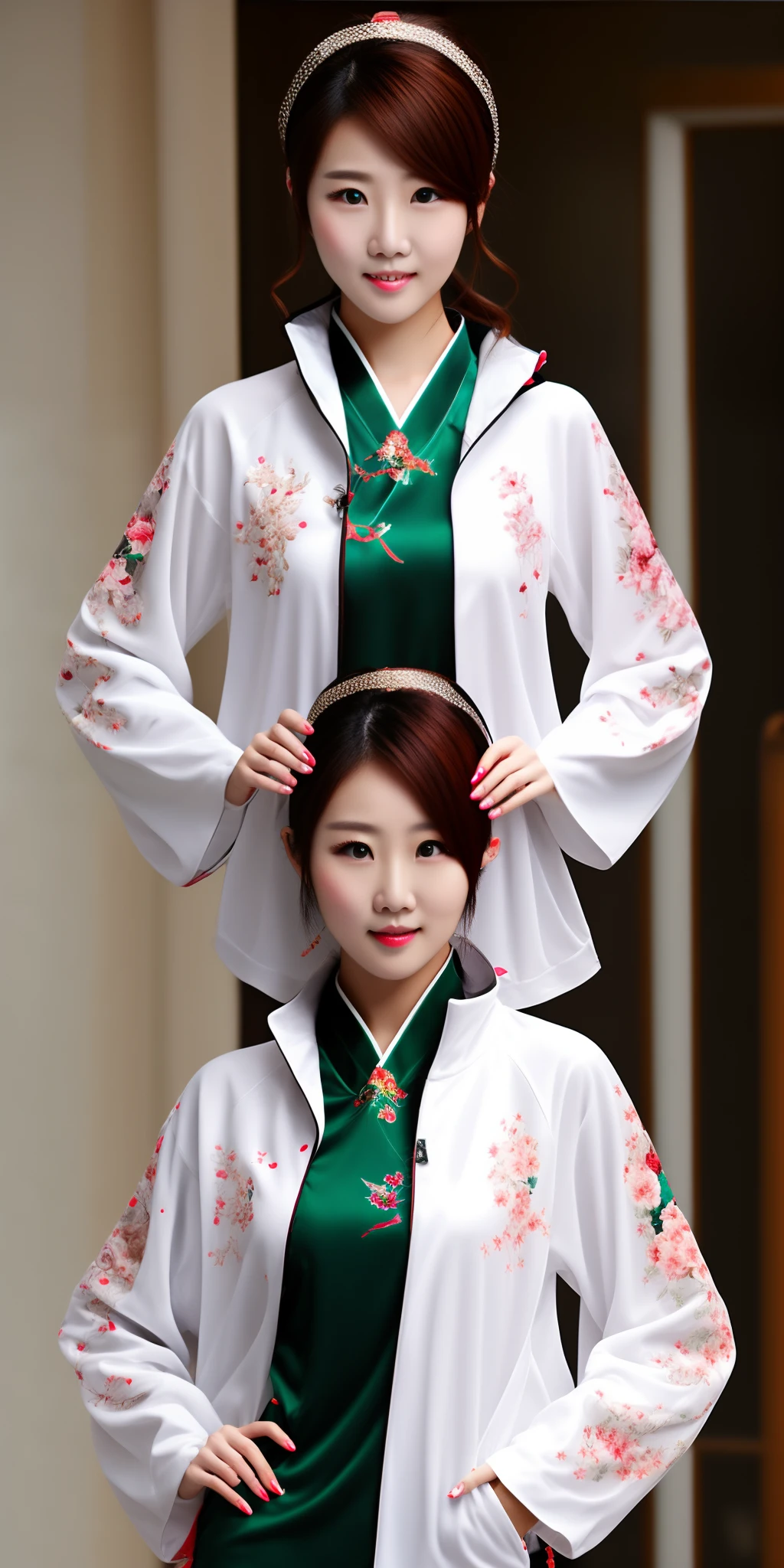 leisure wear，Beautuful Women，Sharp eyes，whaite hair，Asians，
