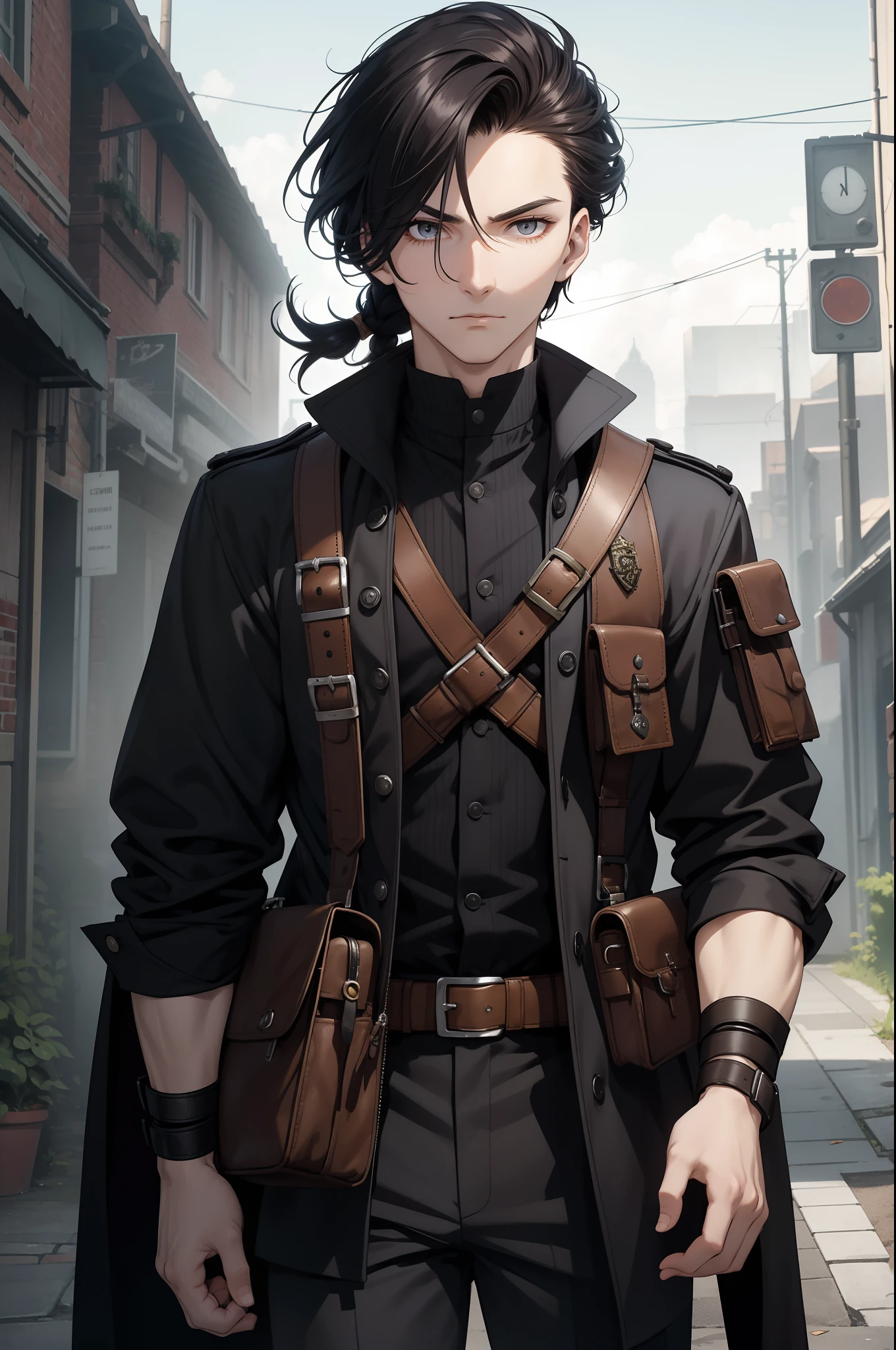 Dark-haired man (crazy hairstyle) of average height (1.68m) aged 21, pale skin with dark circles under the eyes. utility belt (save a diary) with naturally steampunk clothing