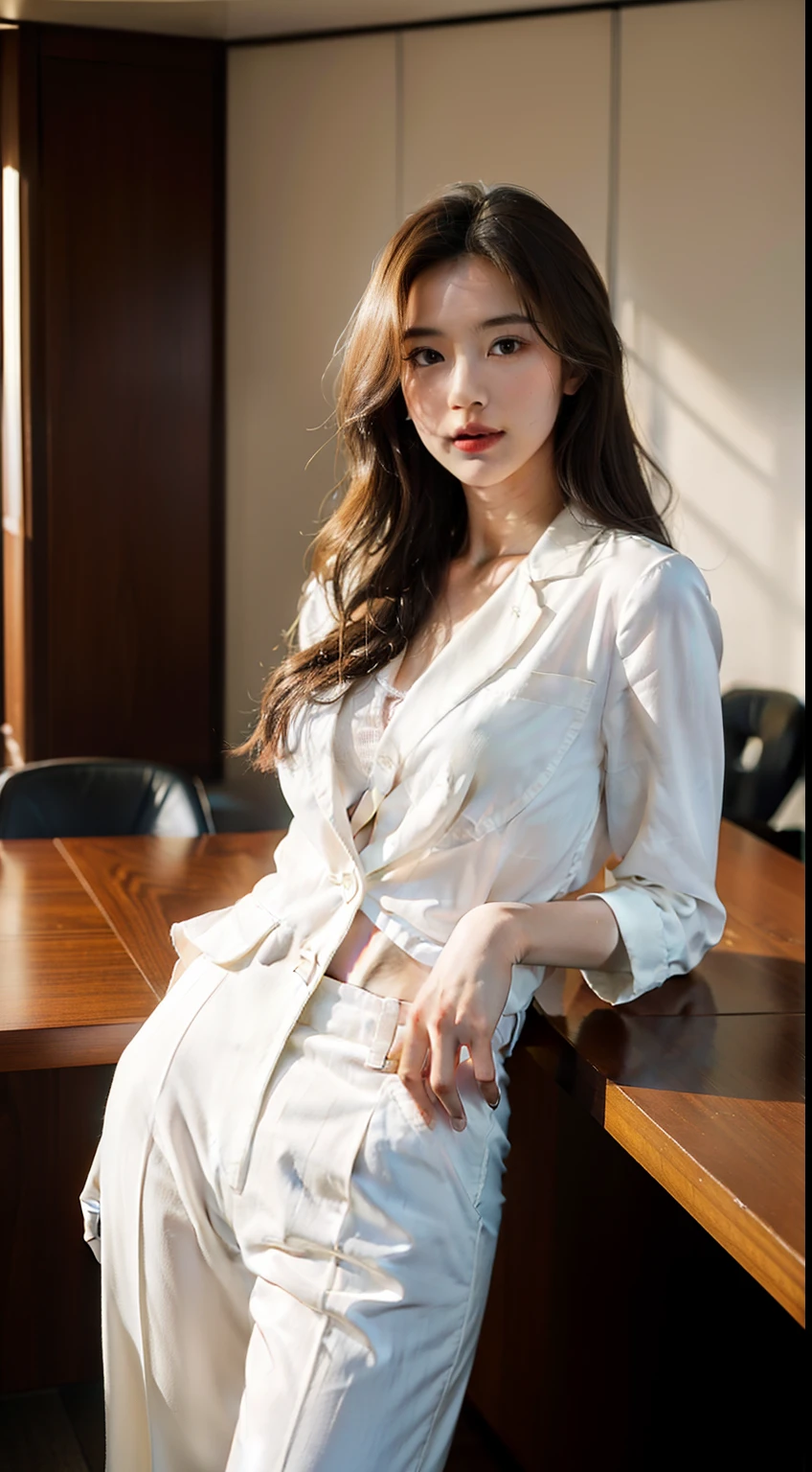 - [ ] photorealistic:1.37, masterpiece, best quality, raw photo, absurdres, uhd, 1girl, wavy hair, brown hair , looking at viewer, in the large meeting room of the office in the high tower office building in  Tokyo ,Tokyo tower,intricate detail, detailed background, detailed skin, pore, highres, hdr , presentation to ten men , beautiful model, soft light to the face,JP_MODELS , midium breasts, a 30 yo woman ,((white shirts,pants suits ))