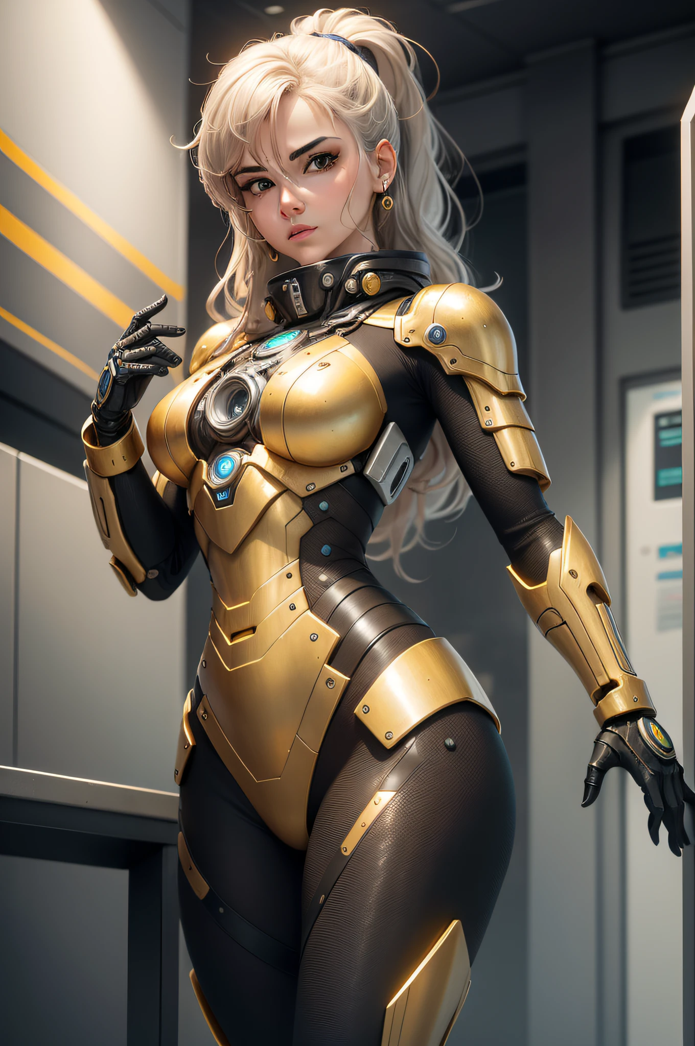 a young blonde girl, beautiful detailed eyes, beautiful detailed lips, extremely detailed face, long eyelashes, girl in black space armor with gold accents, full body space suit, no helmet, intricate detailed space suit, futuristic, sci-fi, hyperrealistic, 8k, top quality, cinematic lighting, dramatic lighting, vibrant colors, dynamic pose, epic, dramatic,sitting on a ammo crate , PIN Up pose,beautiful blue eyes, detailed muscular body, ponytail hairstyle, full body, beautiful detailed lips, light smile on face, full length photo, full-body shot , she has black space boots. body focus, Beautiful body, Beautiful character design , full body view, adult, full clothes, Beautiful Face, light smile, abs, erotica