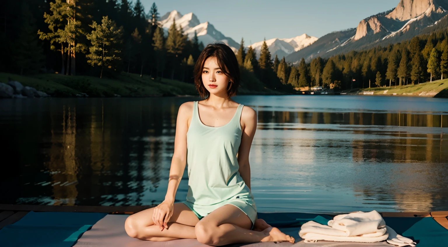 ((best qualtiy)), ((tmasterpiece)), (The is very detailed:1.2), (Yoga beauty sitting on yoga mat by the lake), morningglow, canon 6d,perfect bodies,sweat leggs,wetclothes,short detailed hair,Focus on the face,nabel,The face is rich in detail,Good anatomy,Realistic light and shadow,