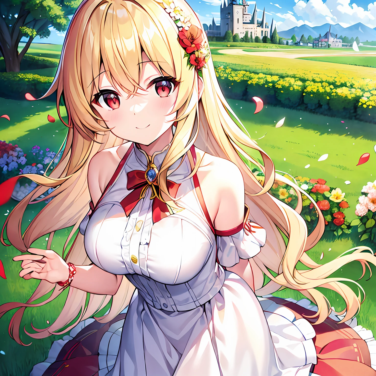 Wavy blonde hair、red eyes、Beautiful girl alone、独奏、animesque、Have a bouquet、doress、off shoulders、flower field、castle in background、A smile、flower petals、suns、Sunlight Yellow