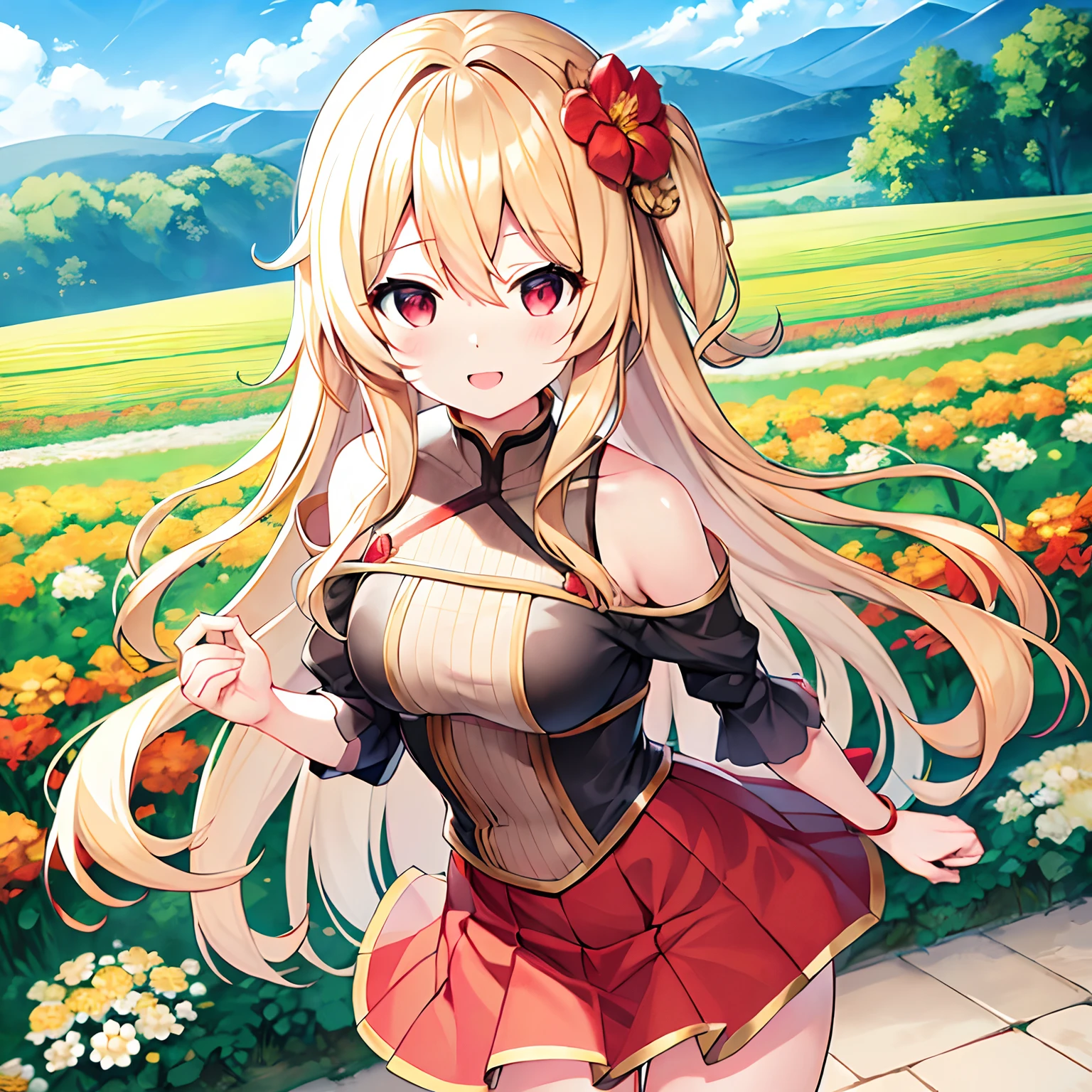 Wavy blonde hair、red eyes、Beautiful girl alone、独奏、animesque、doress、Shoulders are protruding、a miniskirt、flower  field、Laughing、