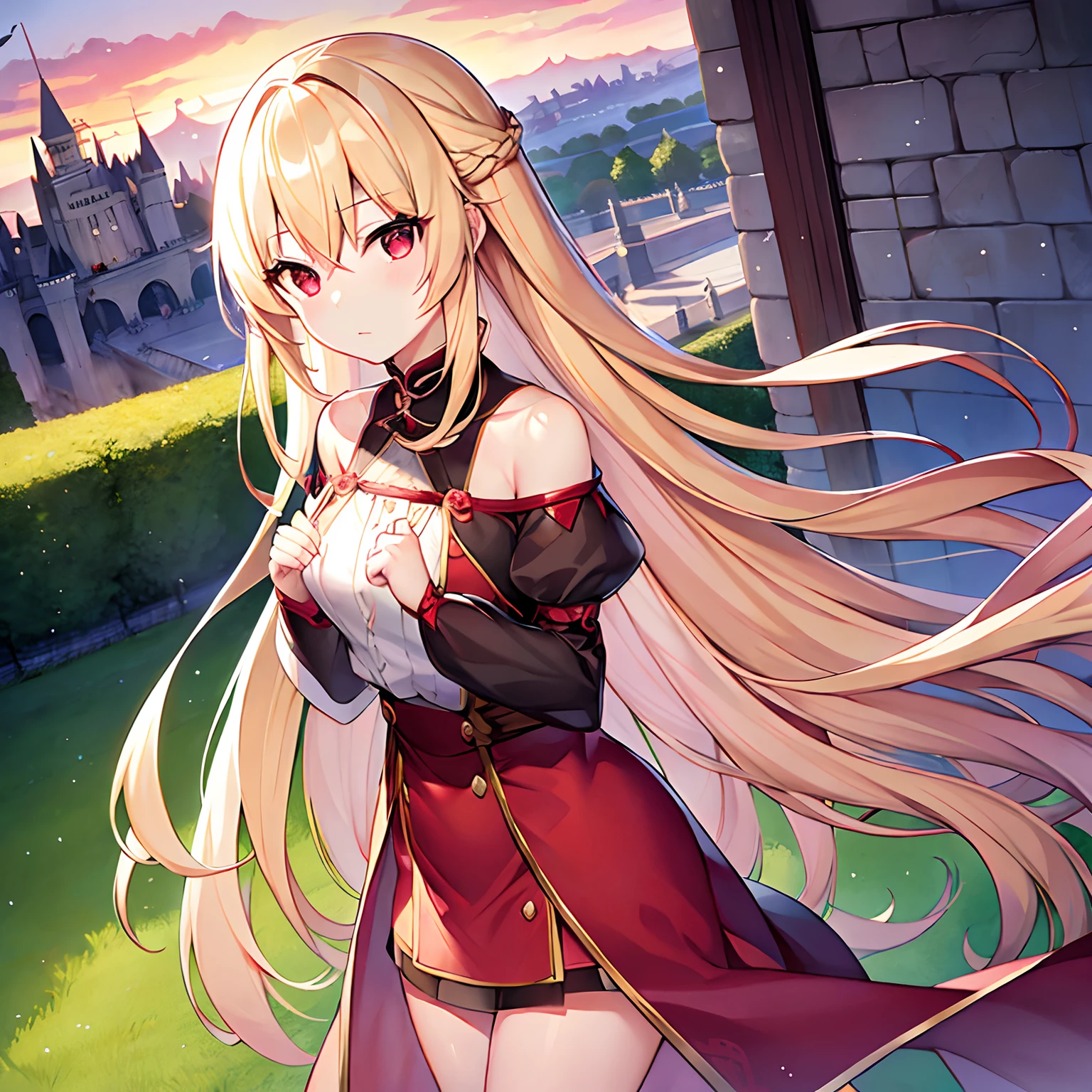 long blonde hair、red eyes、Beautiful girl alone、独奏、animesque、western clothes、off shoulders、a miniskirt、Castles、rose garden、a cold expression、Vampires