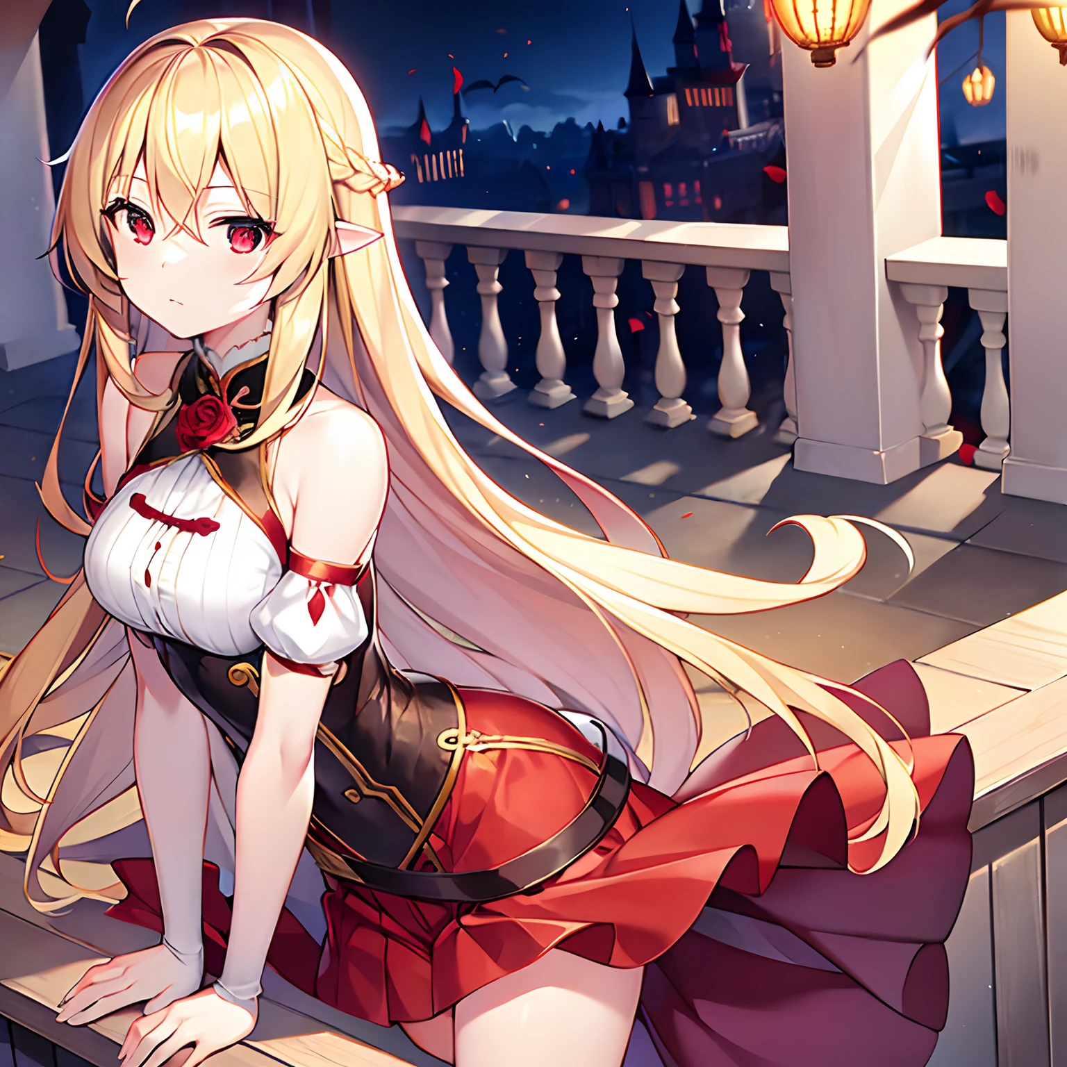 long blonde hair、red eyes、Beautiful girl alone、独奏、animesque、western clothes、off shoulders、a miniskirt、Castles、rose garden、a cold expression、Vampires