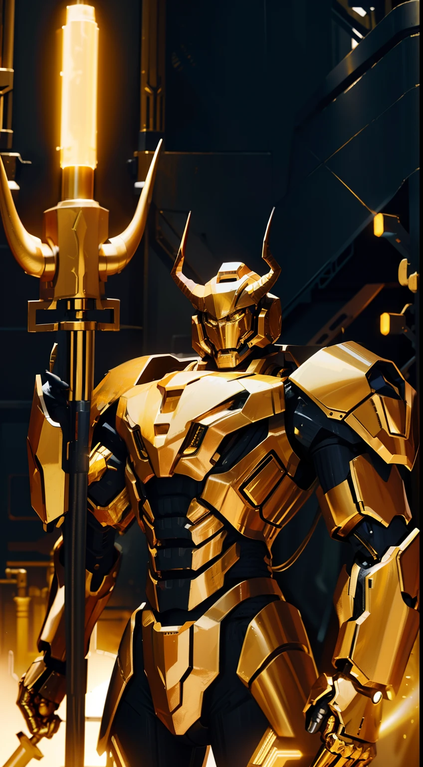 golden taurus,Humanoid mech,Covered in golden light,There are huge horns on the head,Giant hammer in hand,Behind it is the ruined golden palace