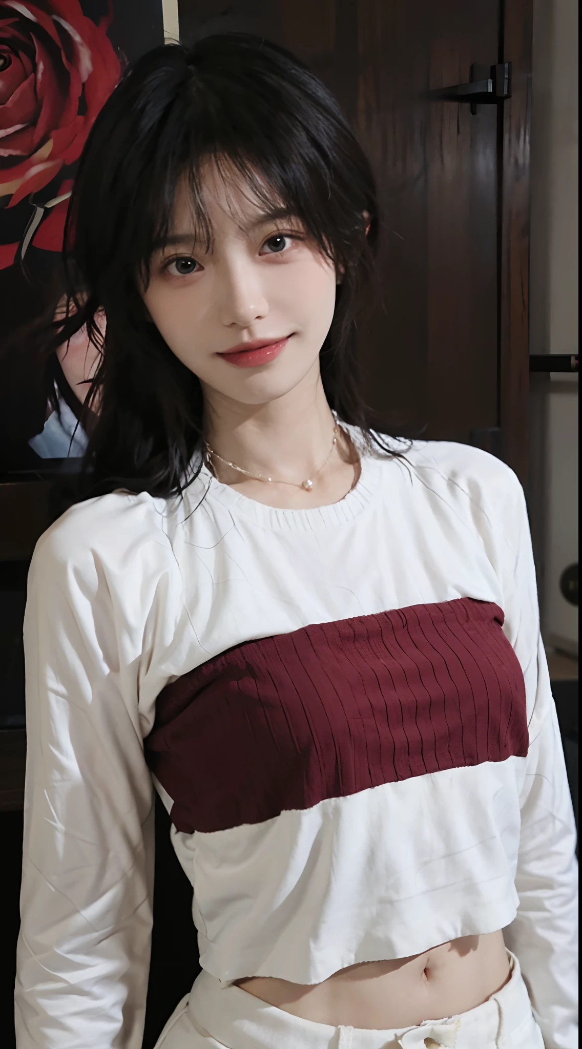 best qualtiy， 超高分辨率， （realisticlying：1.4），cute hairpin，Baoyu Girl，lipsticks，1girll, ,Cropped red sweater，，Beautiful woman with a slim figure:1.4, Abs:1.1,   浴室,Ultra-fine face，Elaborate Eyes，二重まぶた，ssmile，choker necklace