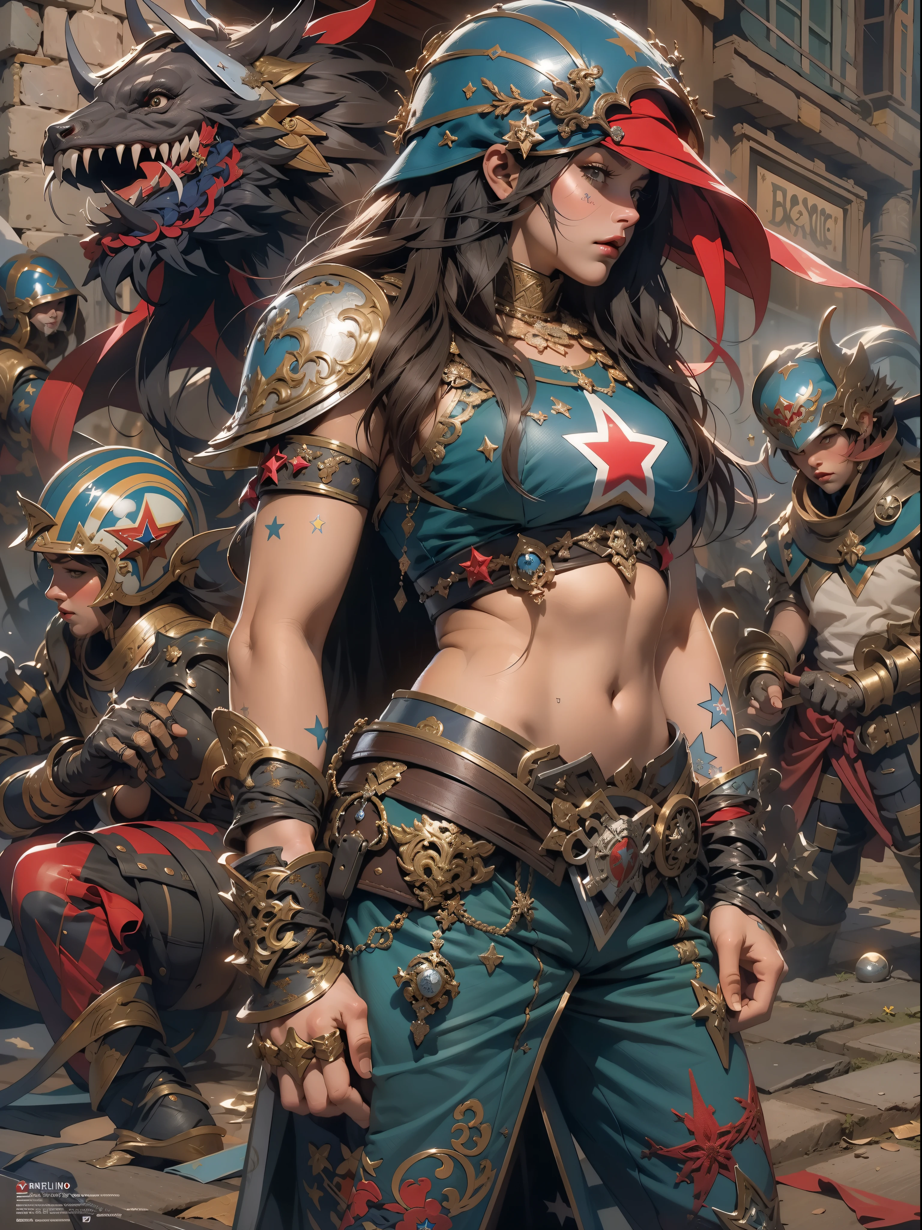 (((mulher))), (((melhor qualidade))), (((obra prima))), (((adulto))), Uma guerreira mulher de 35 anos com corpo perfeito, Gladiadores do Brooklyn, (( sob os peitos )), quase nua no estilo selvagem urbano de Simon Bisley para a capa da revista Heavy Metal, cabelo loiro, Minimum clothing, Dark blue with white stars and red and white checkerboard pattern, armadura, cheio de pontas e rebites, tatuagem tribal, (((do joelho pra cima))), cabelo desalinhado