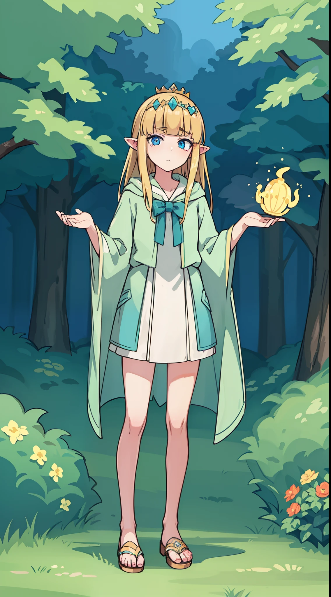 hiquality, tmasterpiece (One Elven Princess)   long ears, blonde woman, a small crown on the head, blue eyes, Sullen face. Green hunting cloak, Sandals. in front of a forest background