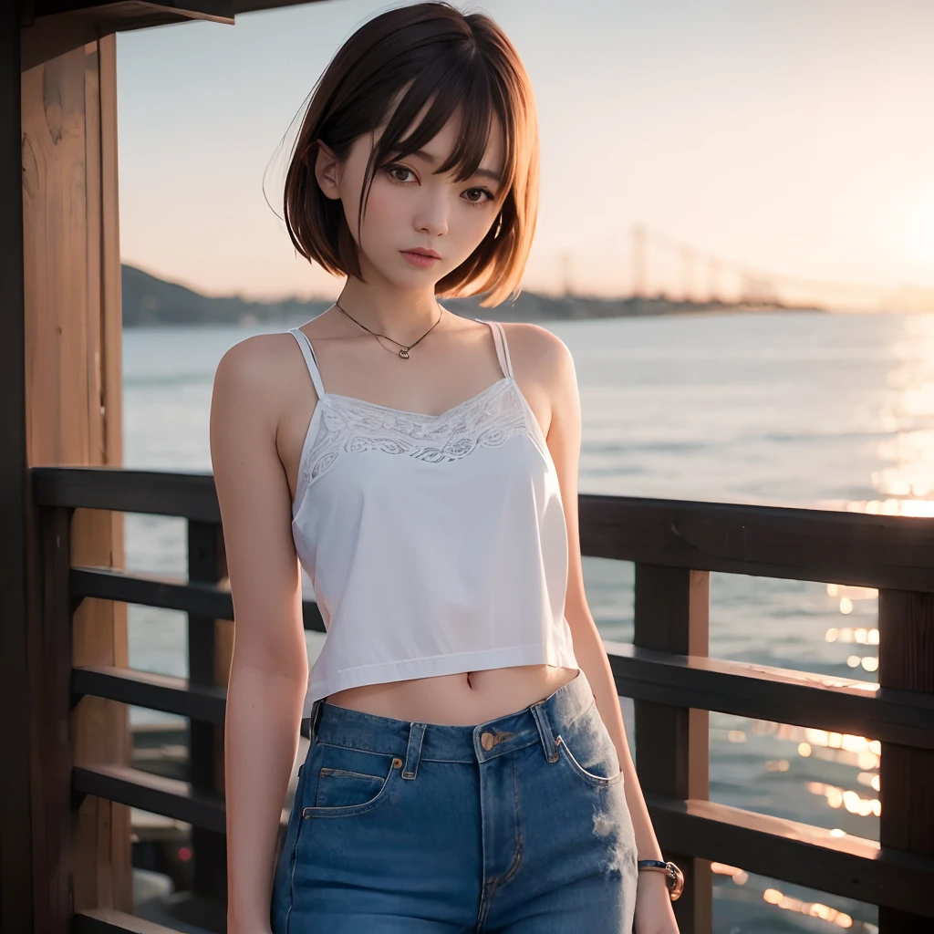 Sunset、sea side、((middlebreasts、tomgirl、the head is small))、sunlights、(the perfect body : 1.1)、(Short straight hair : 1.2)、reddish brown hair、half - body shot、white  shirt、having a ice cream、Jeans wearing jacket、((shortpants))、(Highly detailed CG 8K wallpaper)、(extremely delicate and beautiful)、(​masterpiece)、(top-quality:1.0)、(超A high resolution:1.0)、beautiful  lighting、perfect lightning bolt、realistic shadow、[hight resolution]、Detailed skin、ultra-detailliert