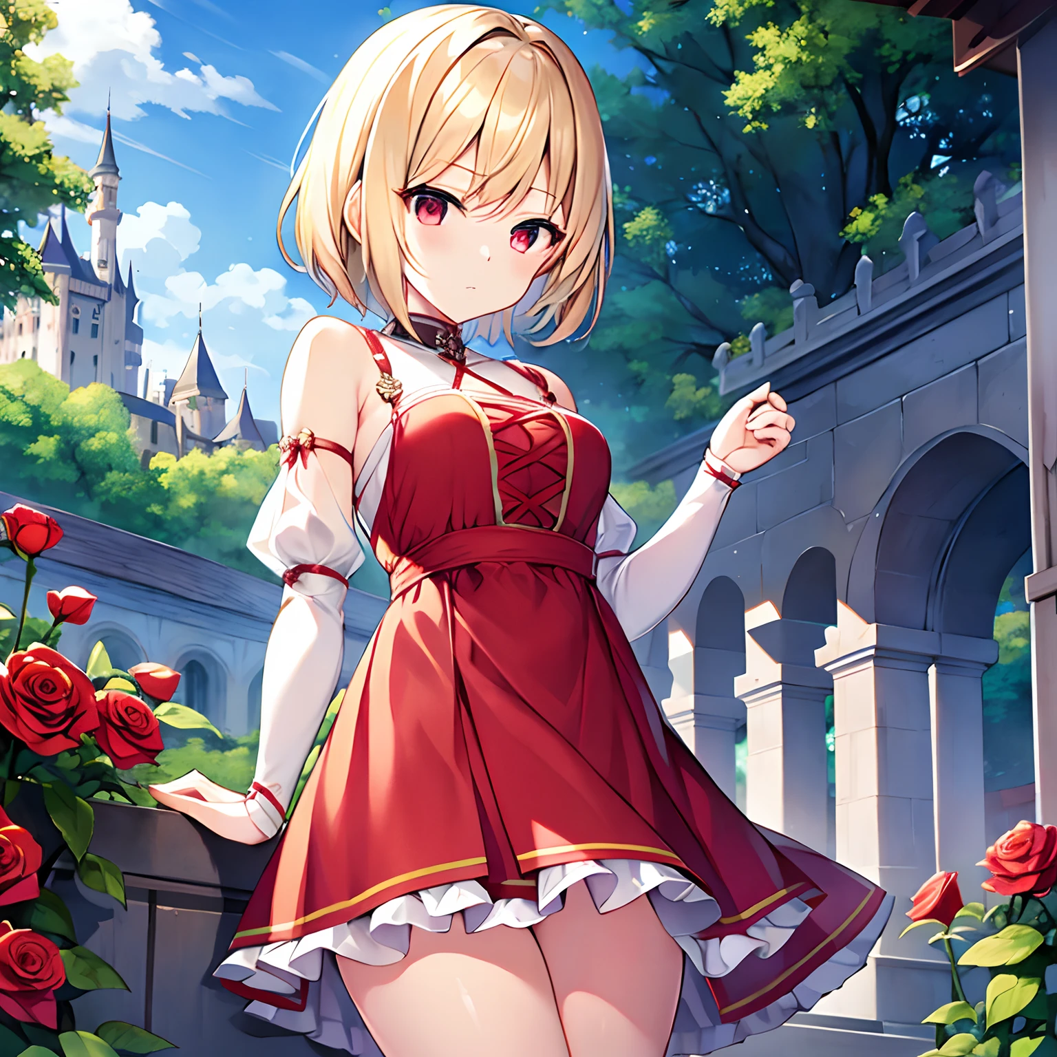 short blonde hair、red eyes、Beautiful girl alone、独奏、animesque、western clothes、off shoulders、a miniskirt、Castles、rose garden、a cold expression