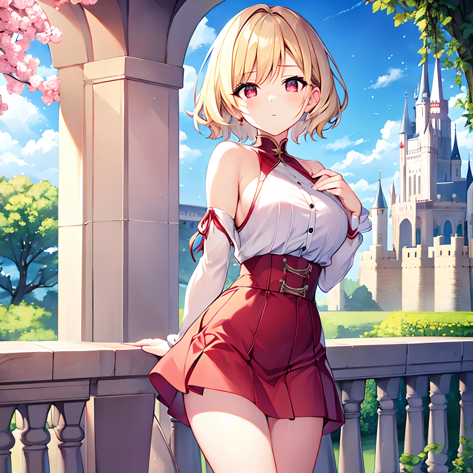short blonde hair、red eyes、Beautiful girl alone、独奏、animesque、western clothes、off shoulders、a miniskirt、Castles、rose garden、a cold expression