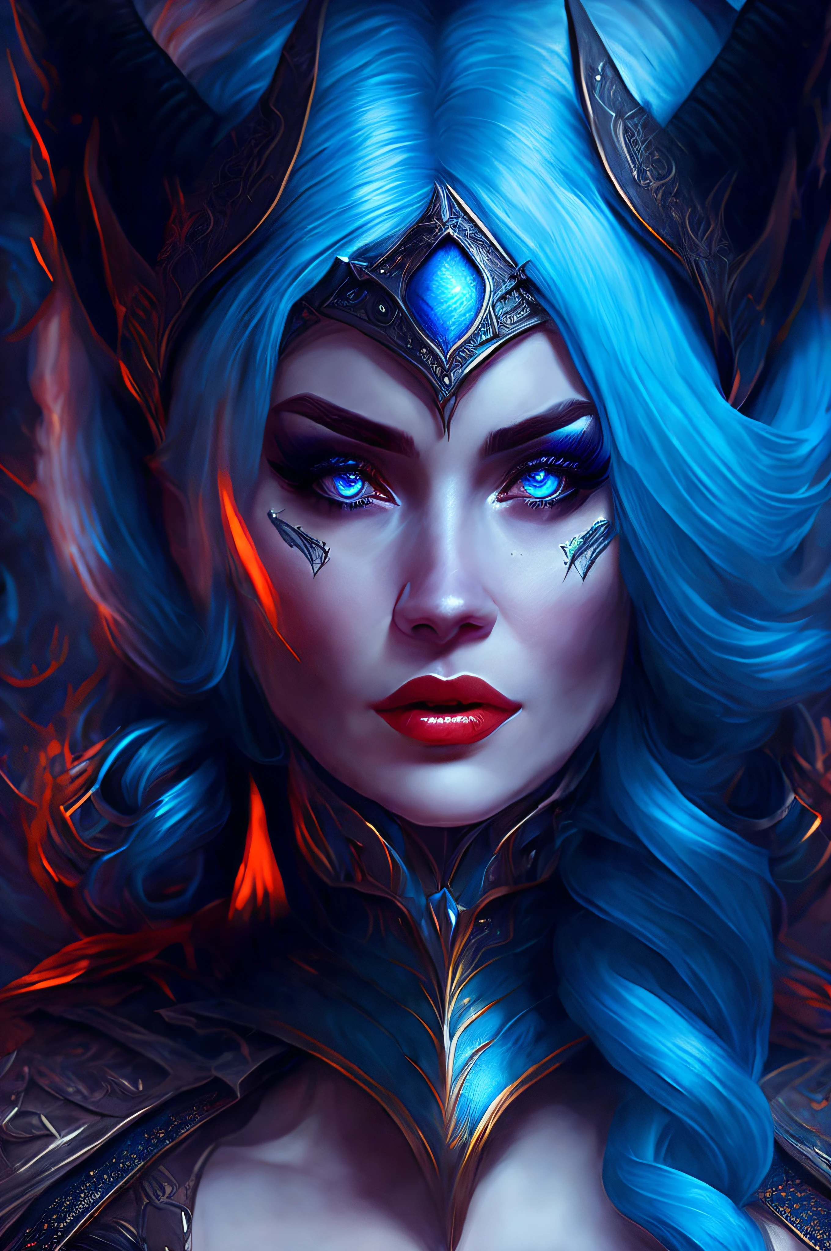 a close up of a woman with blue hair wearing a helmet, epic fantasy art style, epic fantasy art style hd, detailed matte fantasy portrait, epic fantasy digital art style, gothic fantasy art, fantasy art style, dark fantasy style art, digital fantasy art ), fantasy dark art, epic fantasy art portrait, fantasy portrait, beautiful elegant demon queen, dark fantasy art