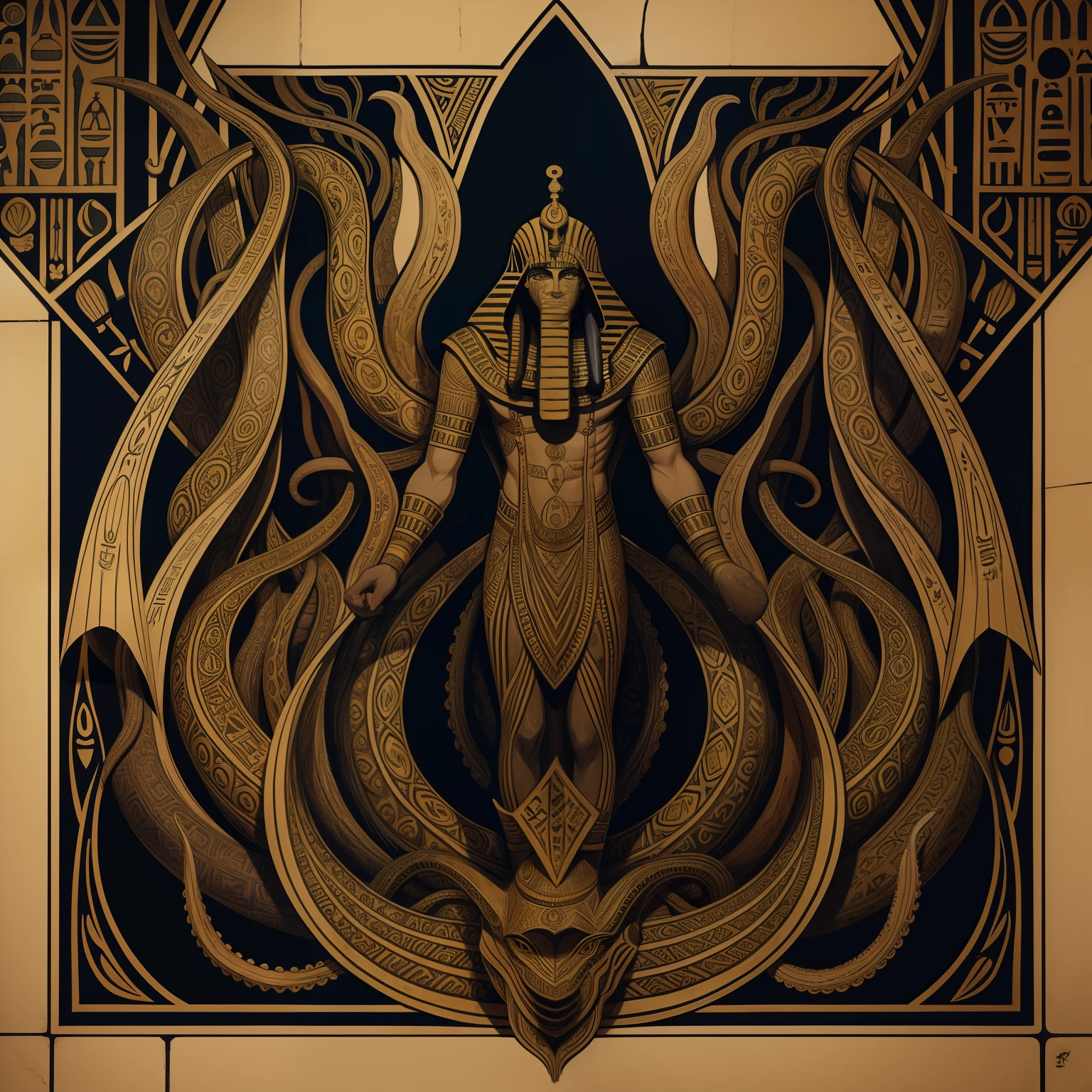 Egyptian mural, hieróglifos nyarlathotep, tentacles, desgastados, antigo, backgorund pattern