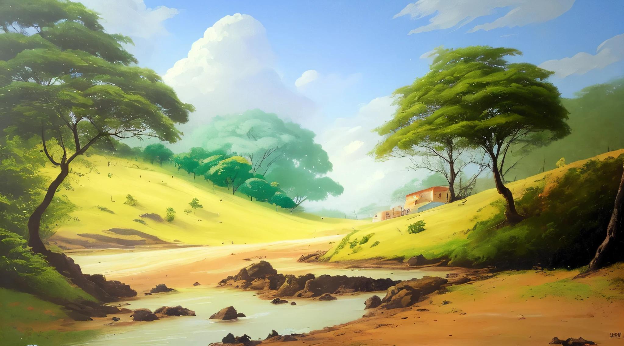 pintura de um pequeno riacho que atravessa um campo verde com uma casa exuberante, super realista