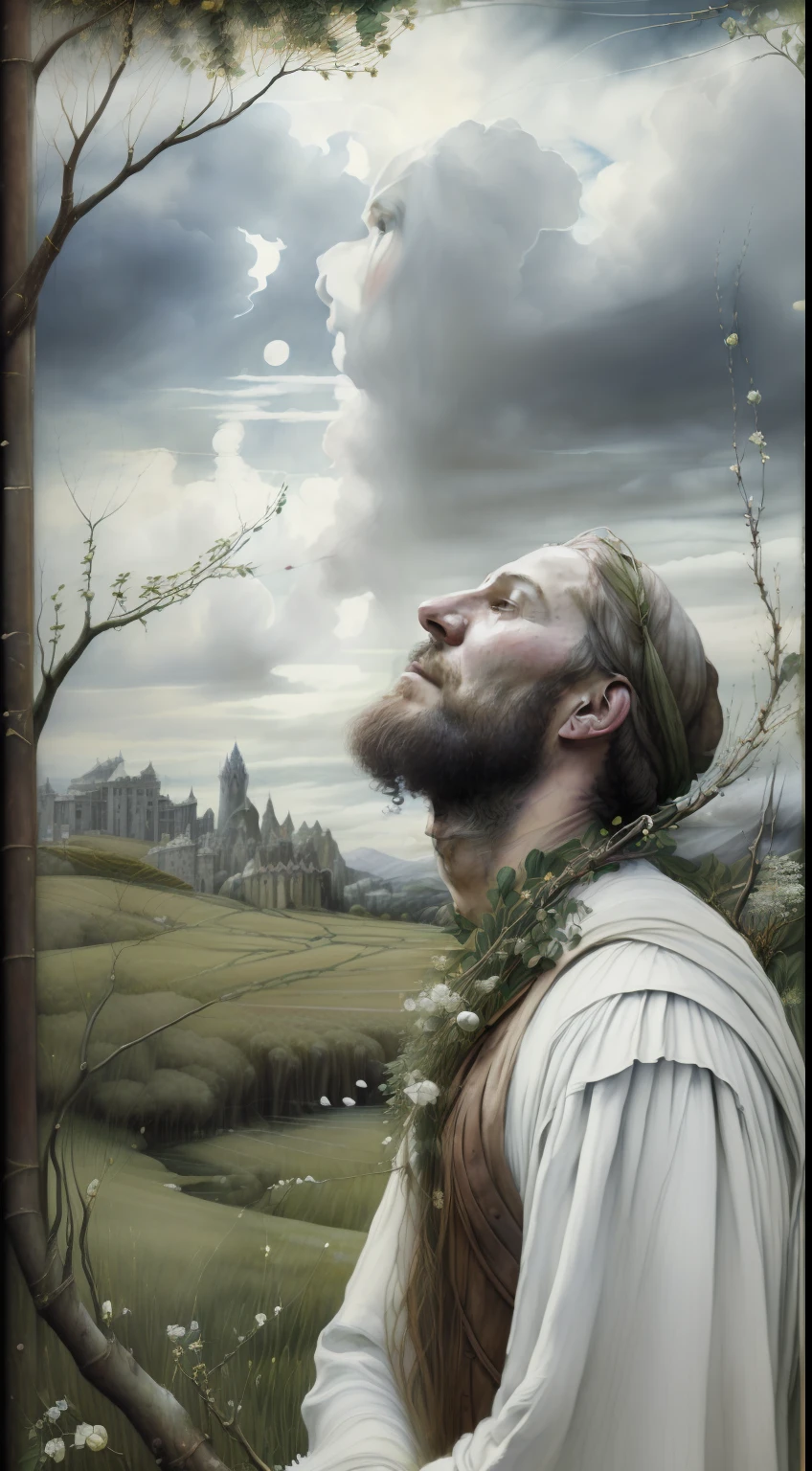 (((Celtic Pre-Raphaelite painting of an old druid in white clothes, barba branca, looks up at the sky and holds hawthorn branches, many clouds in the sky. mistborn, paisagem celta)))