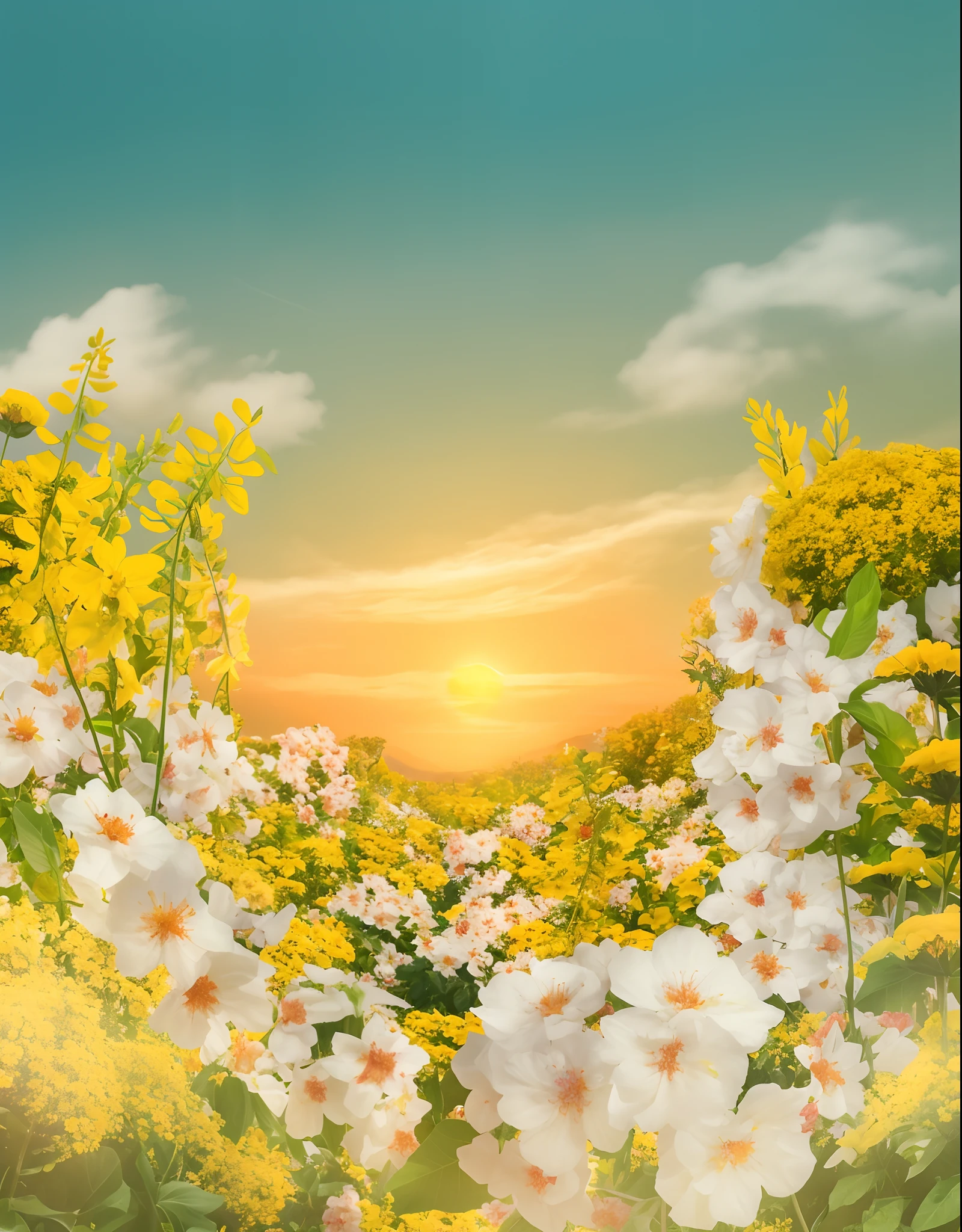There is a picture of a beautiful flower garden with a sunset in the background, bright sunny summer day, floral sunset, background is celestial, campo de fundo das flores, flor natural do fundo, flor e flores no fundo, ambiente floral, fundo dourado da hora, Flores no fundo, O Brilhante Amanhecer no Prado, fundo das flores, magia radiante amarela, Bright summer day, fundo bonito