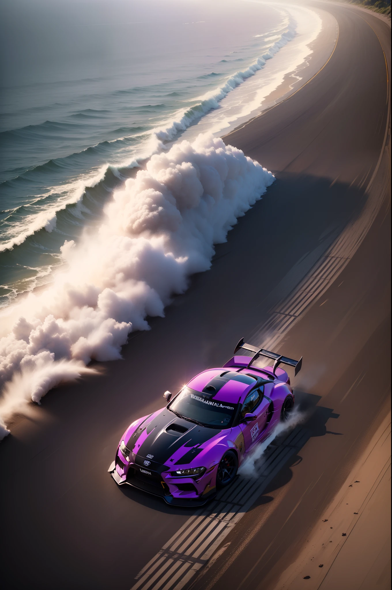 supra(tunado, pintura em preto, detalhes em roxo brilhante), praia, corrida, drift(with smoke), epico, maravilhoso, perfeito, mar(cristalino, esmeralda), fim de tarde, 4k, realista
