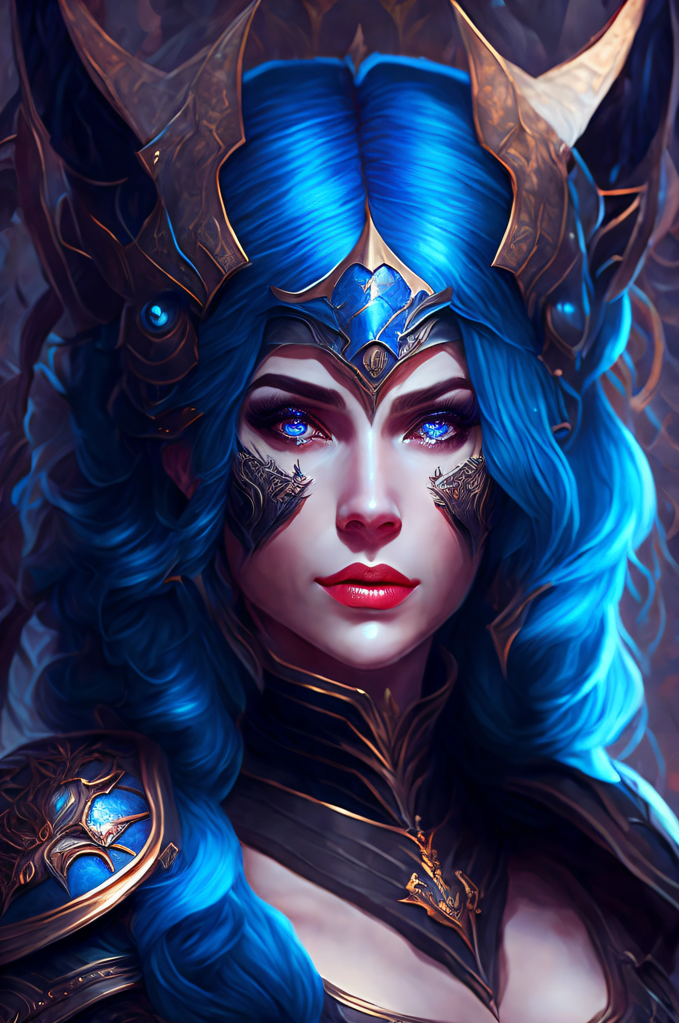 a close up of a woman with blue hair wearing a helmet, epic fantasy art style, epic fantasy art style hd, detailed matte fantasy portrait, epic fantasy digital art style, gothic fantasy art, fantasy art style, dark fantasy style art, digital fantasy art ), fantasy dark art, epic fantasy art portrait, fantasy portrait, beautiful elegant demon queen, dark fantasy art