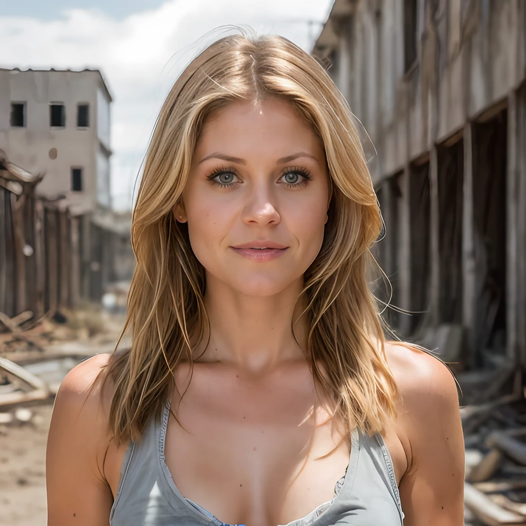 RAW photo, a close up portrait photo of  candace_cameron in wastelander clothes, long haircut, pale skin, slim body, background is city ruins, (high detailed skin:1.2), 8k uhd, dslr, soft lighting, high quality, film grain, Fujifilm XT3