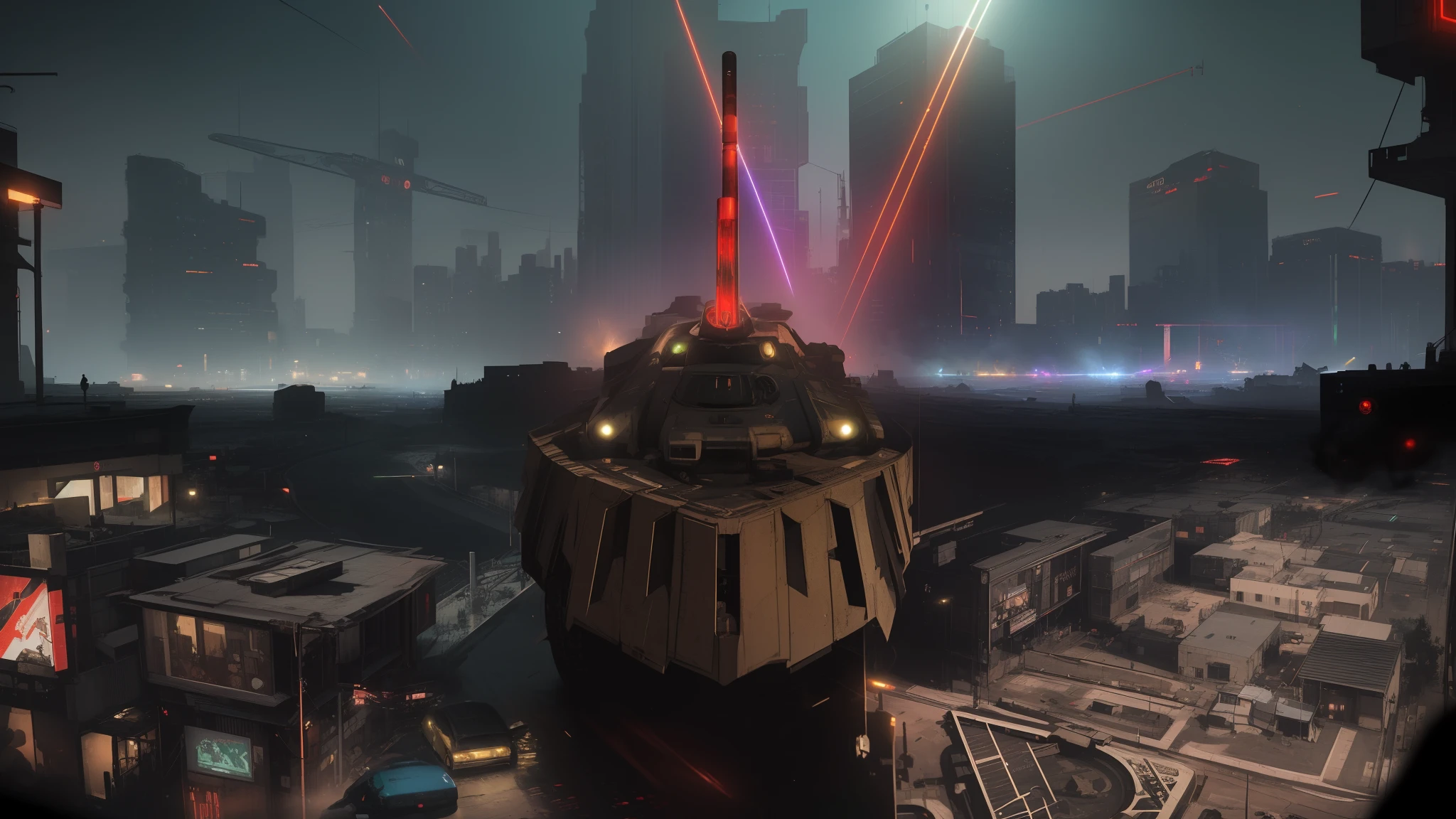 Ancient Battlefield, medium plan, City streets, dim lighting, Very gloomy picture layout, Extended Frames, Cyberpunk background, ((Ultra-realistic asphalt with super detailed textures)), (((Color lasers and spotlights))), (((Japanese-style cyberpunk cars ride on the viewer))), (((There are a lot of lasers in the background))), (((Artelia in the center))), (((The tank pointed the barrel upwards)))
