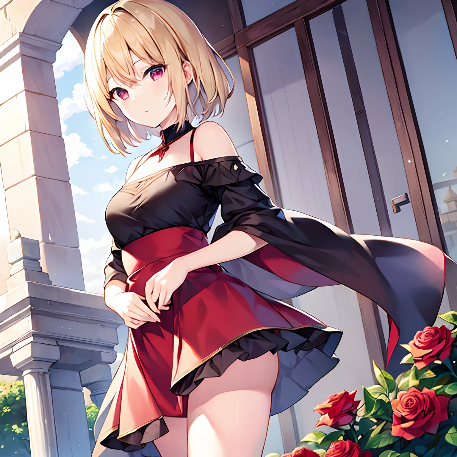 short blonde hair、red eyes、Beautiful girl alone、独奏、animesque、western clothes、off shoulders、a miniskirt、Castles、rose garden、a cold expression