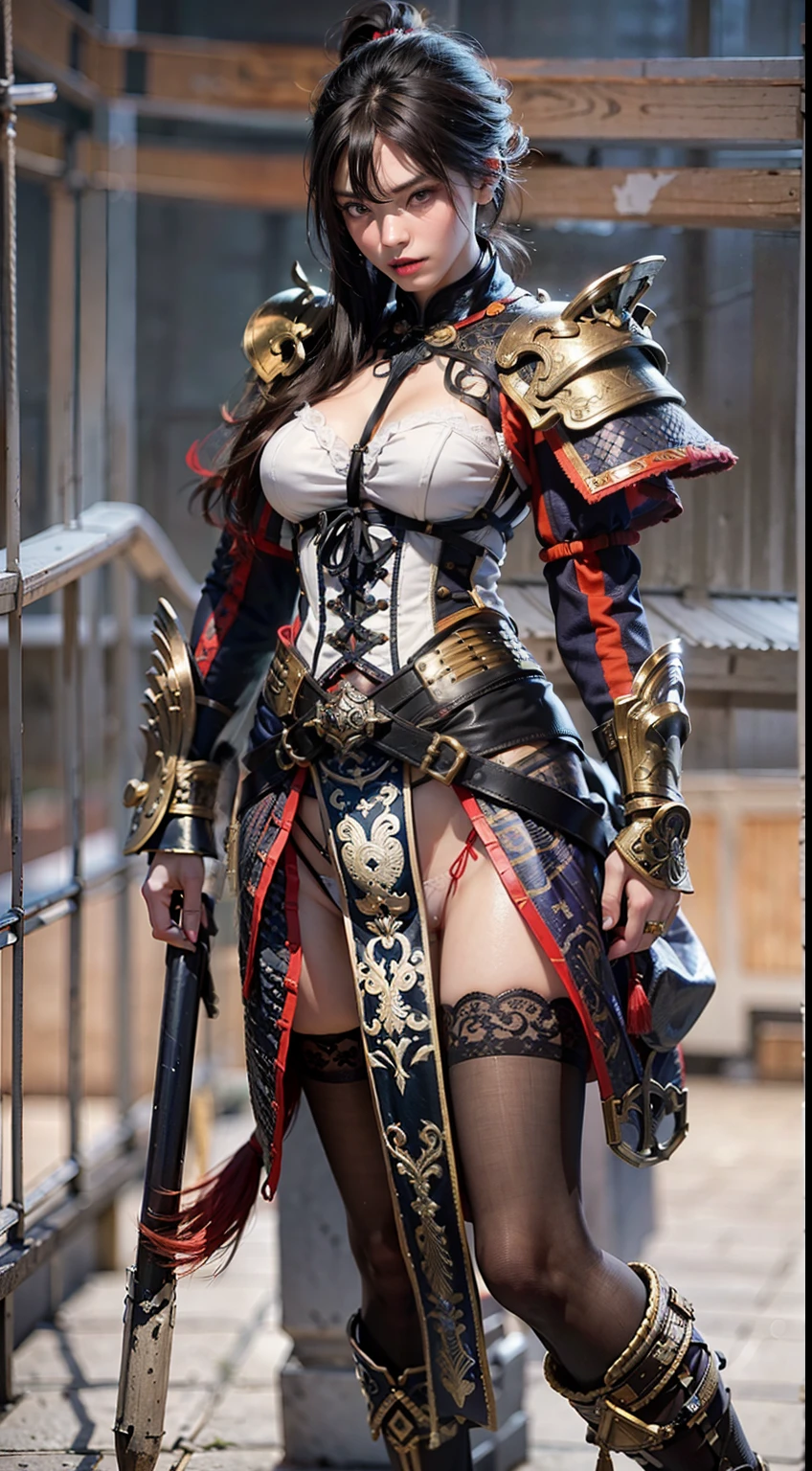Ancient Chinese architecture,Female warriors in national style,Wear revealing armor,Simple clothing, Minimalist style,Mixed Chinese and American races,The background is blurred out,focal,Cowboy shot,电影灯光,(((tmasterpiece))), ((best qualtiy)), ((Complex and detailed)), ((ultra-realistic realism)), Ridiculous resolution, A MILF, Mature woman, ssee-through, highly detailed, illustratio, 1girll, (mediuml breasts), Thin waist and thick hips,long leges,beatiful detailed eyes, short detailed hair, brunette color hair, a purple eye, blackstockings,lacy clothing,with faintly visible,Cool armor,The body proportions are perfect,(No underwear:1.2),detailed back ground, perfect eyes, Seductive eye, (nice hand),Detail hands,looking at viewert,From the front,Wear light,juicy legs,deep v big breasts,Tattooed with