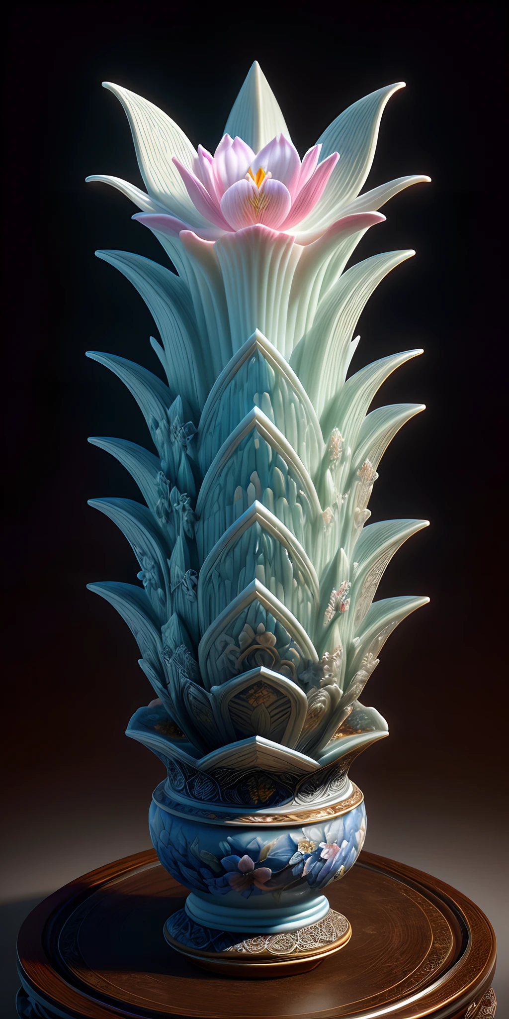 best quality, realistic, photorealistic,  ultra detailed, "Mountain of Flower and Fruit+Fairy+Chinese Architecture" highly detailed carving on "southern ice" porcelain,Ultra wide angle,Accent Lighting,Volumetric Lighting,backlighting, (detailed light),((an extremely delicate and beautiful)),dramatic_shadow,ray_tracing,hdr