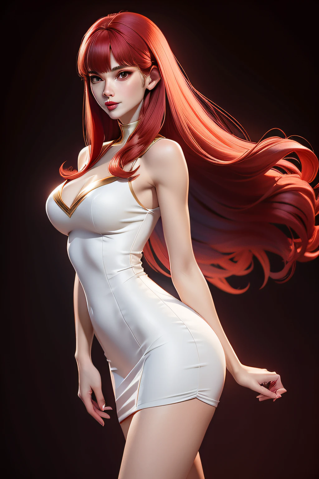 Tall attractive sexy girl, white skin, red lips, long wine red hair, hairstyle with bangs on the side, sexy legs and strong, firm and a little big butt, medium boobs, slim and thin waist golden elegant dress with a cut on the leg, fixed and attractive look